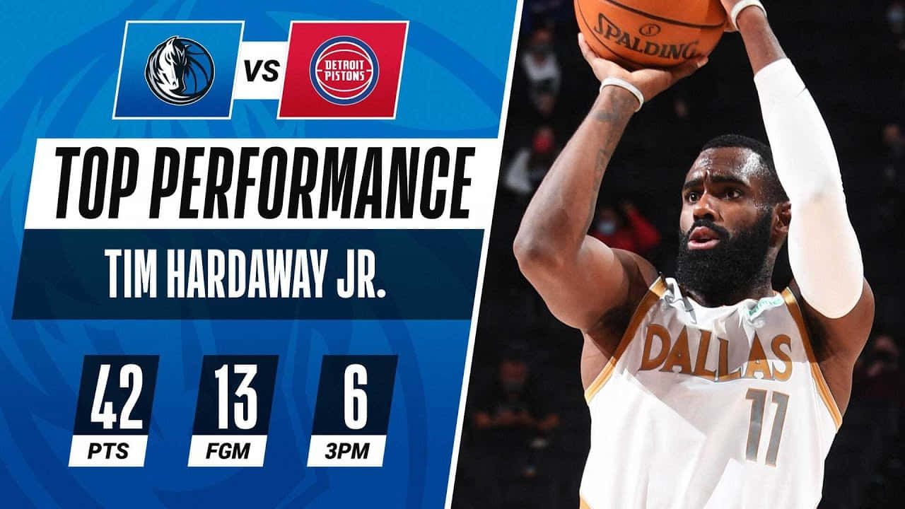 運動 桌布 壁紙 — Tim Hardaway Jr. 身穿達拉斯獨行俠球衣在比賽中投籃，附有統計圖表顯示42分、13個投籃命中及6個三分球。