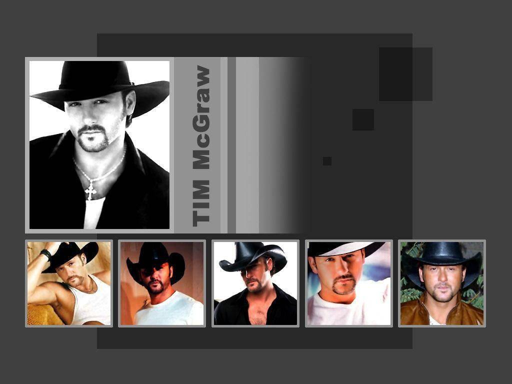 Tim Mcgraw 桌布 壁紙 — Tim McGraw 戴牛仔帽的黑白肖像，下方有五張他不同姿勢的彩色照片。