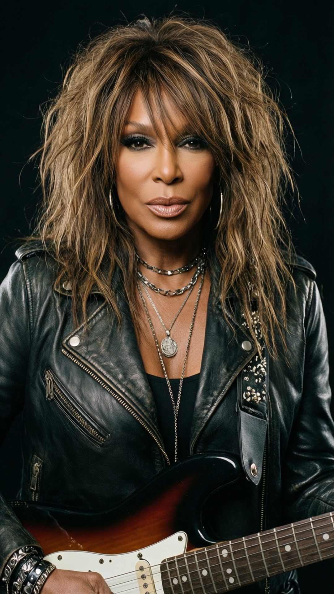Rock Chic 壁紙 — Tina Turner 在戲劇性的工作室燈光下，緊握著一把旭日紋電吉他，眼神銳利。