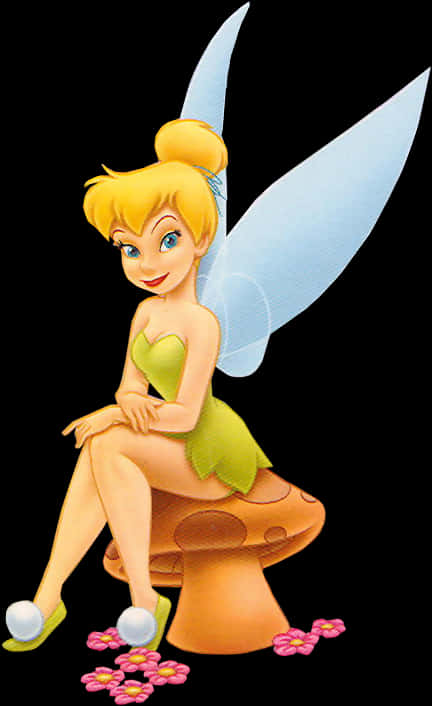 Peter Pan 桌布 壁紙 — Tinker Bell 優雅地坐在一個被粉紅色花朵包圍的蘑菇上，背景為黑色。