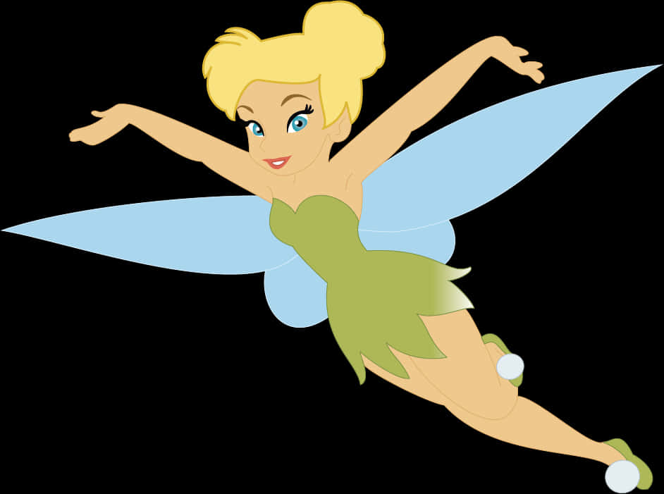 Peter Pan 桌布 壁紙 — Tinker Bell 優雅地飛翔，雙臂伸展，淺藍色翅膀，背景為純黑色。