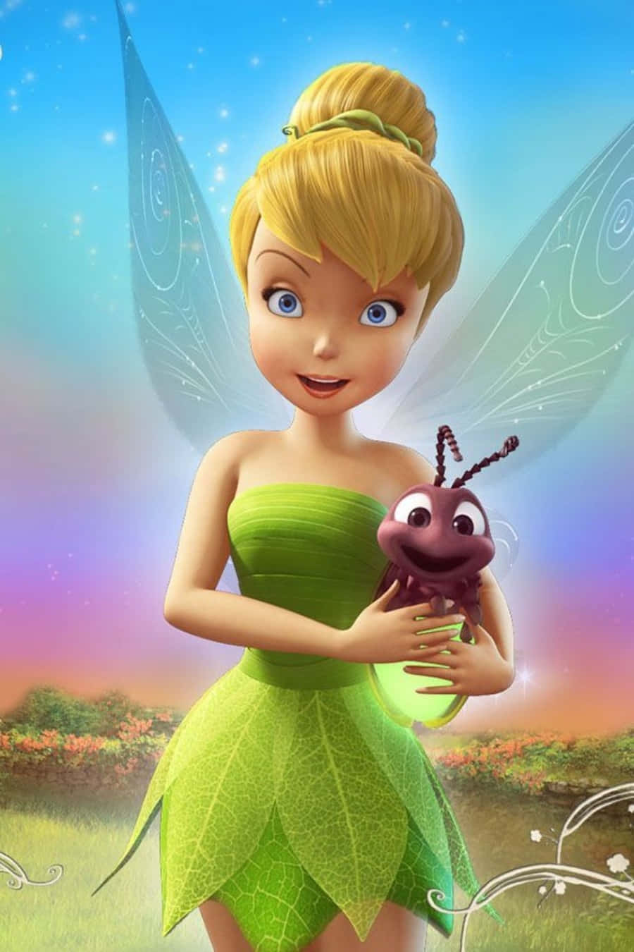 奇妙仙子 動圖 桌布 壁紙 — Tinker Bell 穿著她的綠色樹葉連衣裙，在充滿閃爍星星的鮮豔天空下，抱著一隻微笑的紫色蟋蟀。