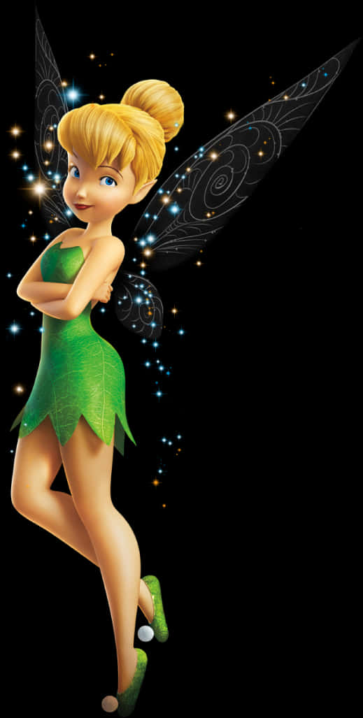 Peter Pan 桌布 壁紙 — Tinker Bell 穿著標誌性的綠色葉子連衣裙，閃閃發光的翅膀，在星光燦爛的黑色背景上。
