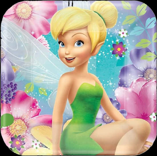 Peter Pan 桌布 壁紙 — Tinker Bell 穿著綠色連衣裙，在發光的粉紅色、紫色和藍色花朵中微笑，閃爍著仙女翅膀。