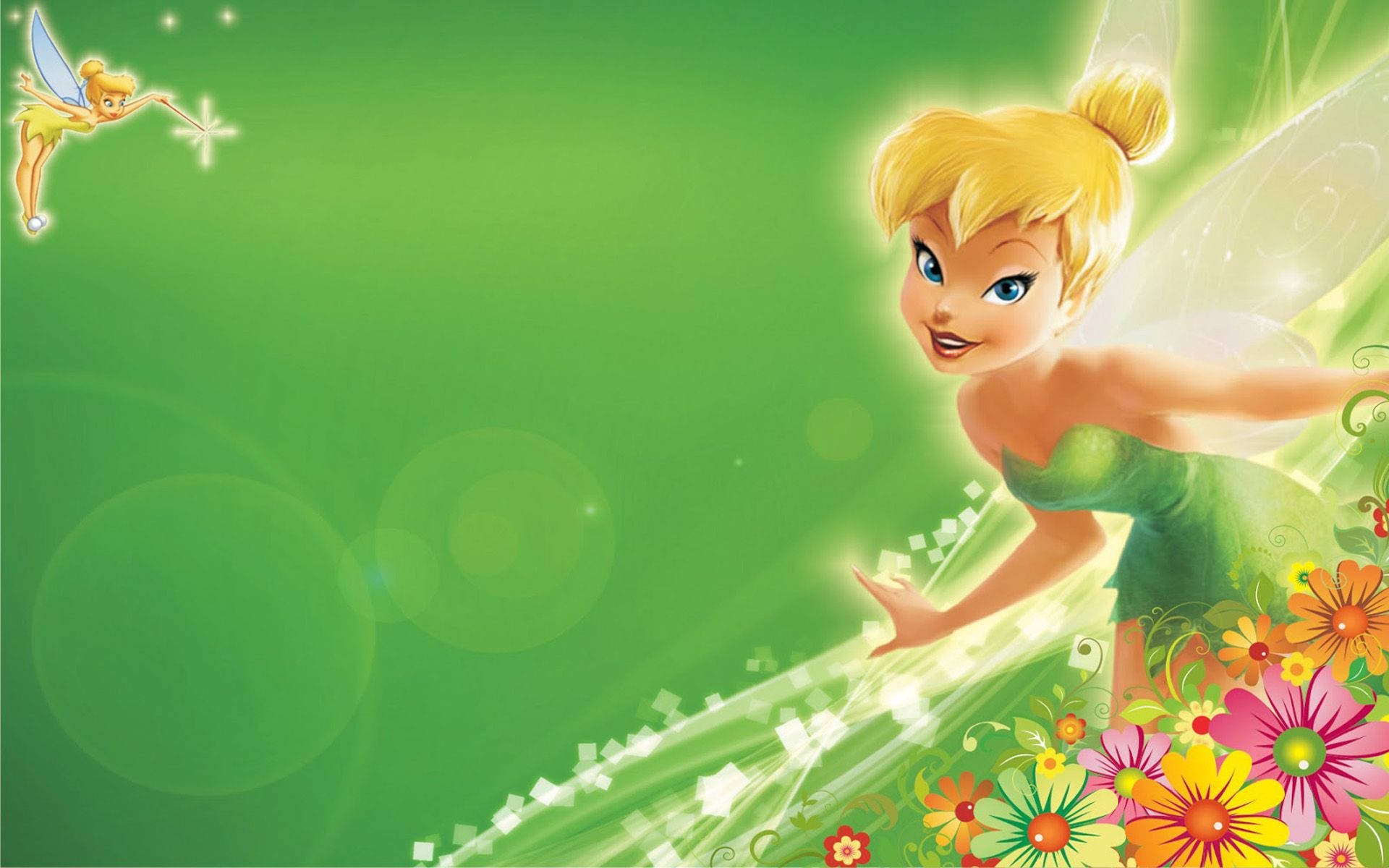 奇妙仙子 動圖 桌布 壁紙 — Tinker Bell 穿著鮮綠色連衣裙，在發光的綠色空間中滑行，周圍環繞著色彩繽紛的花朵和閃爍的光效。