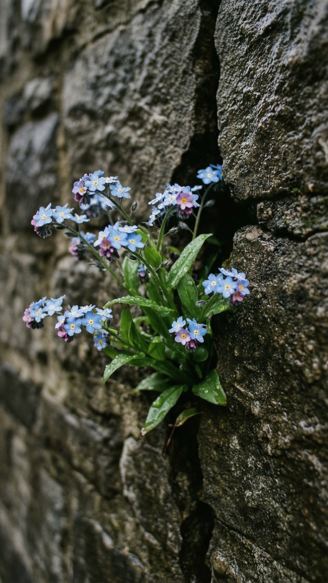 Urban Resilience 壁紙 — 細小的藍色勿忘我花，帶有粉紅色花心，在風化的灰色石牆狹窄裂縫中鮮豔綻放。
