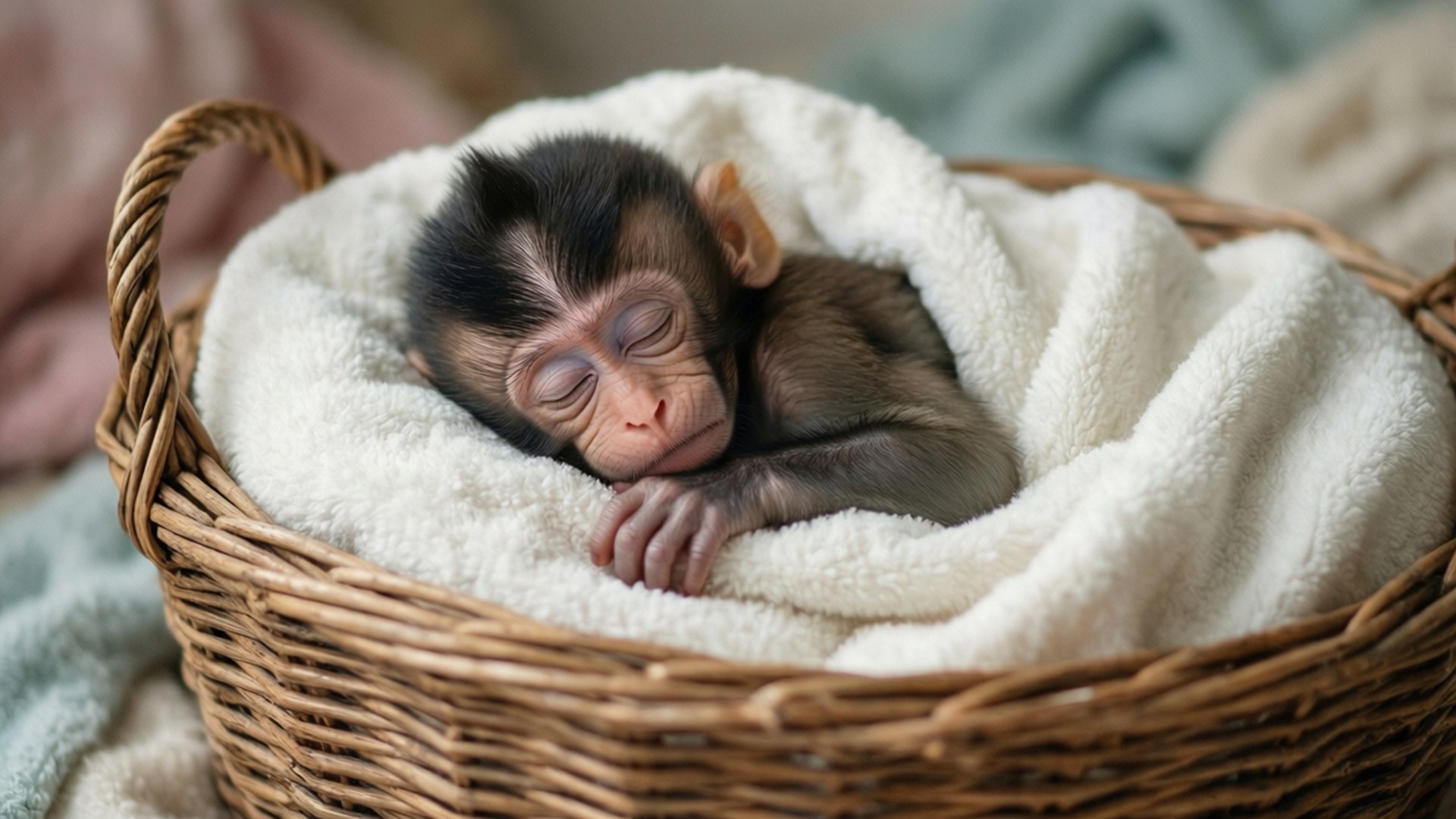 Sleeping Baby Monkey in Basket 壁紙 — 一隻細小的新生猴子在編織柳條籃中，用柔軟的白色抓毛絨包裹著，安詳地睡覺。