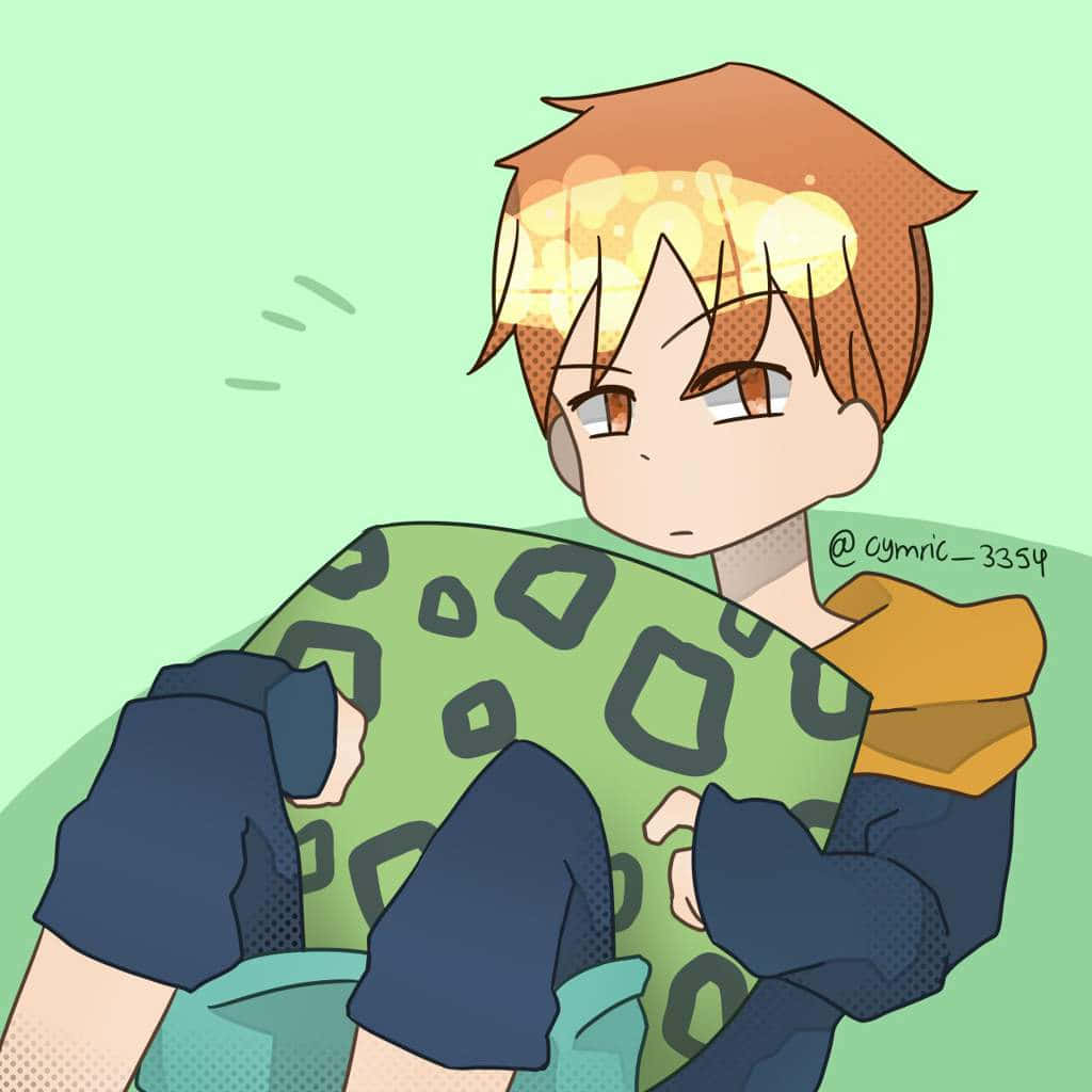 Seven Deadly Sins King 桌布 壁紙 — 一個疲憊的動漫男孩，橙色頭髮，眼睛疲倦，穿著綠色圖案連帽衫，弓著背坐在柔和的薄荷色背景前。