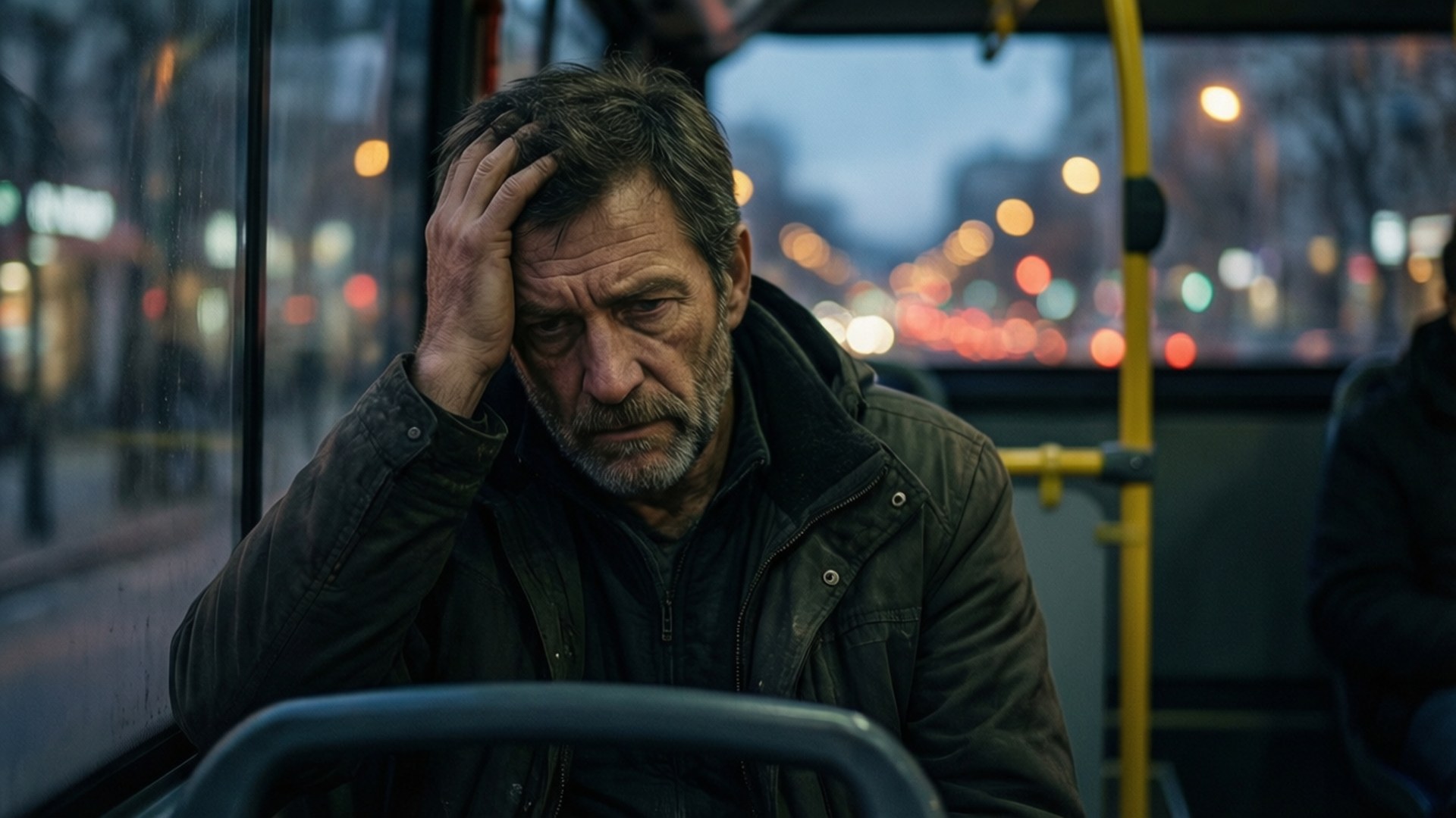 tired 桌布 壁紙 — 一個疲憊留鬍鬚的男人在黃昏時坐在公車上，手放在頭上，模糊的城市燈光從窗外掠過。