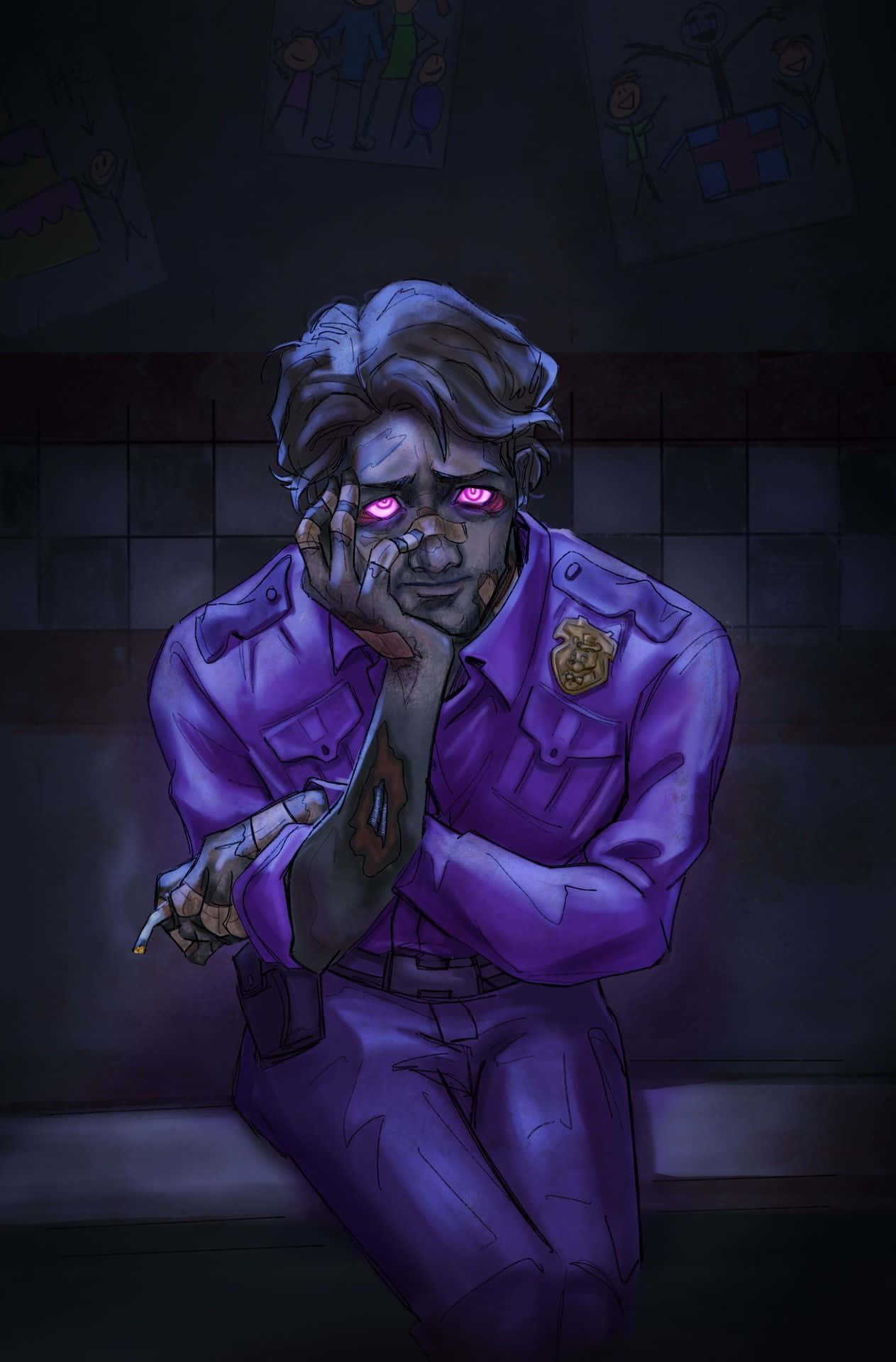  壁紙 — 一名身穿紫色制服的疲憊警察，癱坐在瓷磚牆邊，雙眼發出粉紅光芒，手持香煙，周圍滿是童稚的塗鴉。