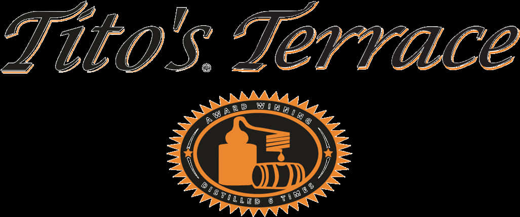 Titos Vodka Logo 桌布 壁紙 — Tito's Terrace 大膽的黑橙標誌，帶有酒廠標誌，包含酒瓶、酒桶和滴落的液體。