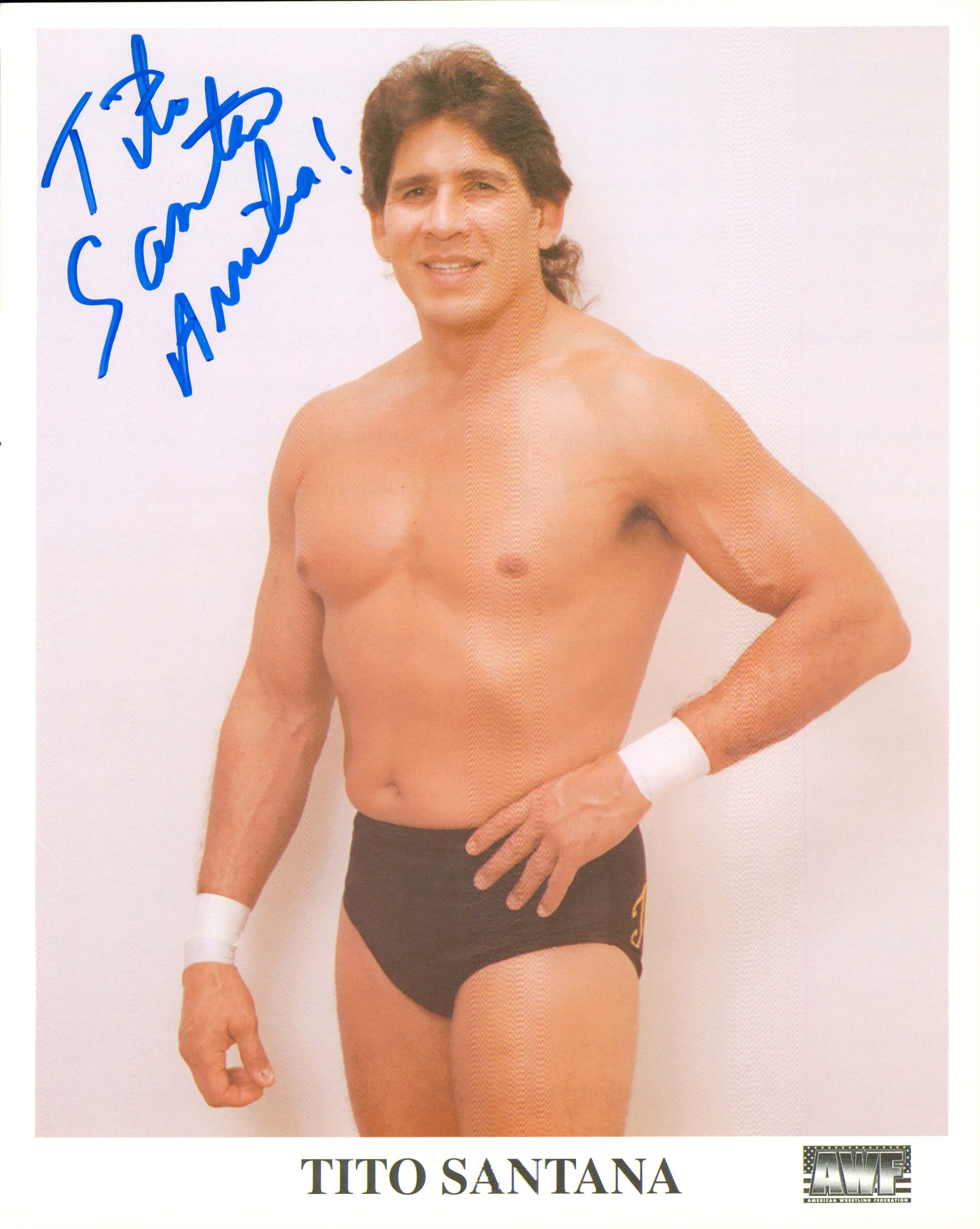 poster 桌布 壁紙 — Tito Santana 自信地微笑，身穿帶有簽名和WWE標誌的摔角短褲。