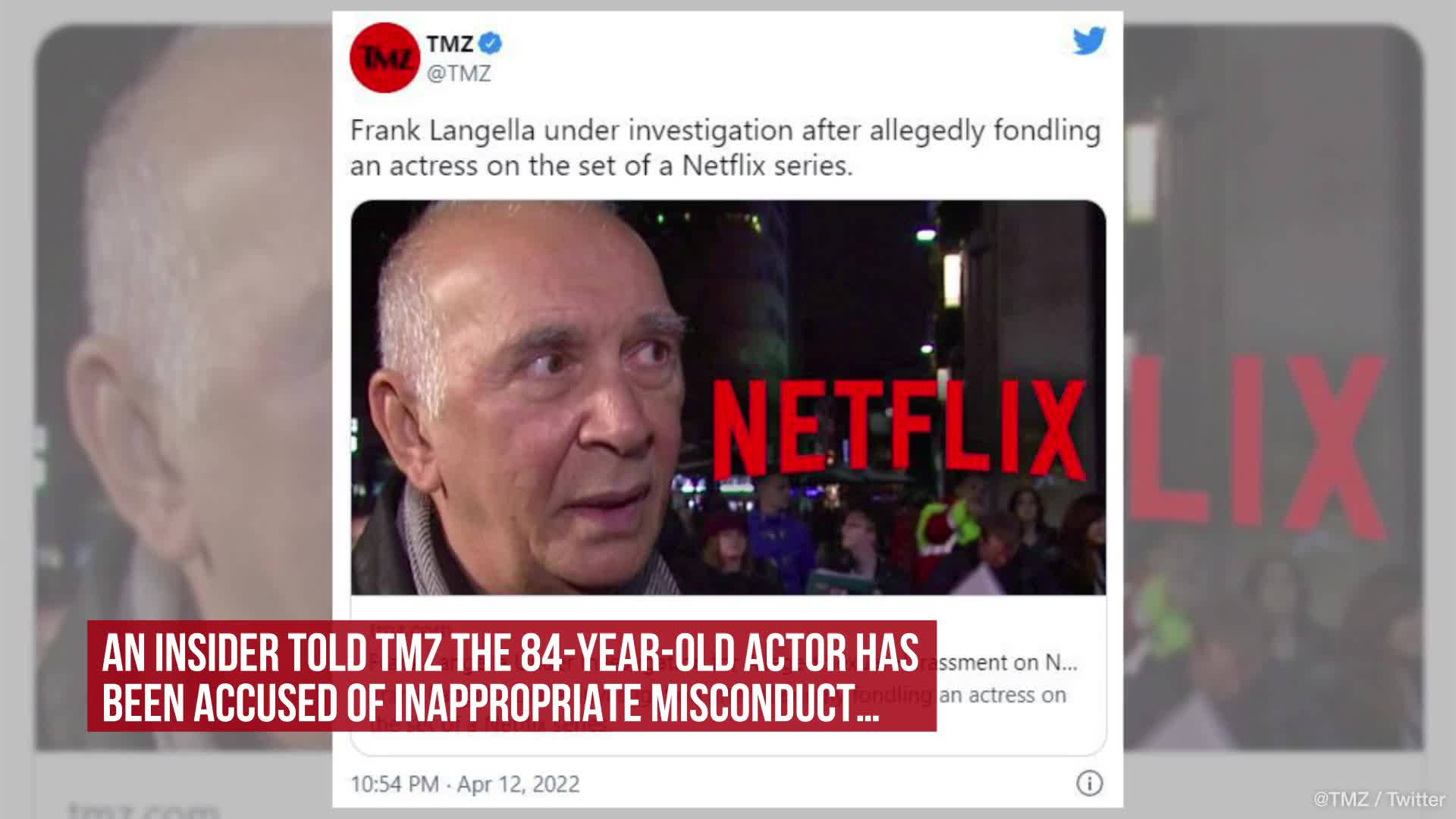 Celebrity 桌布 壁紙 — TMZ 在 Twitter 上的貼文顯示演員 Frank Langella 帶有紅色 Netflix 標誌重疊，報導對 Netflix 片場涉嫌不當行為的調查。