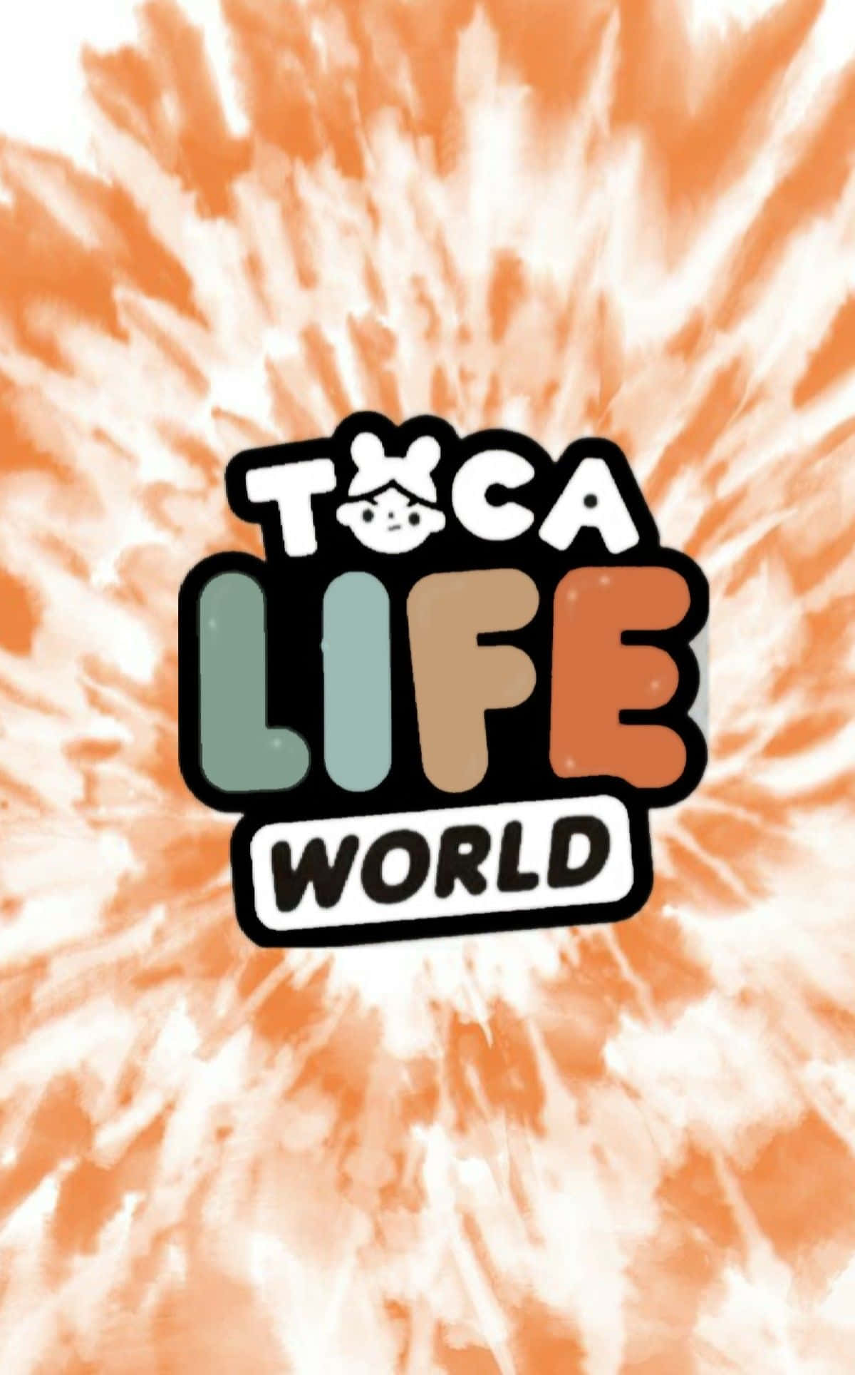 扎染 桌布 壁紙 — Toca Life World 標誌居中於充滿活力的橙色和白色紮染背景上，帶有俏皮的卡通風格。