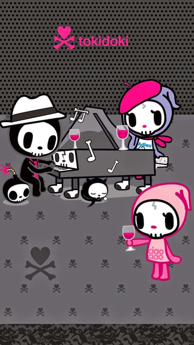 桌布 壁紙 — Tokidoki 角色以粉紅色和黑色骷髏設計，在圖案房間的鋼琴旁享受美酒和音樂。