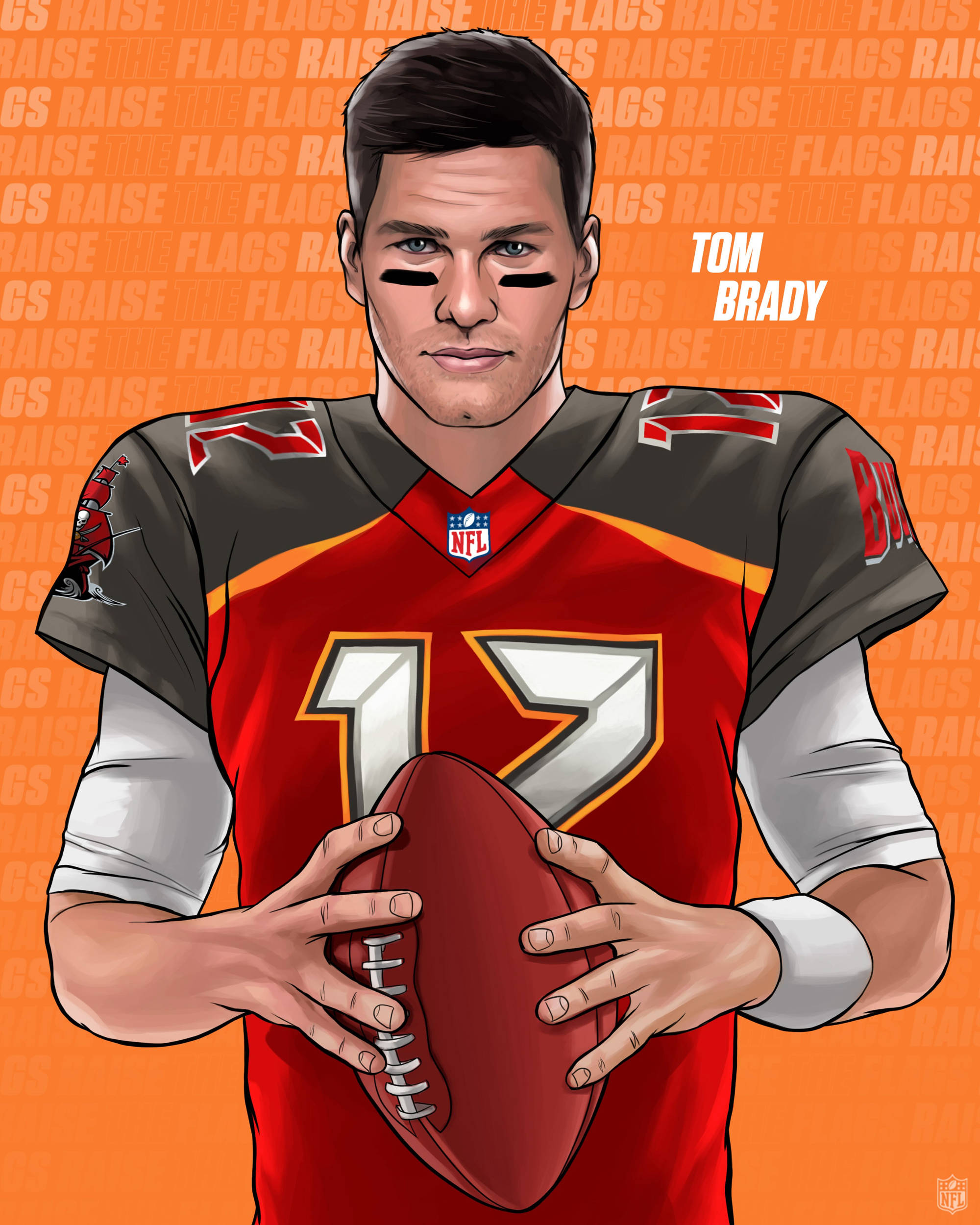 湯姆·布雷迪 桌布 壁紙 — Tom Brady 身穿坦帕灣海盜隊球衣，手持橄欖球，背景為橙色，帶有重複文字。