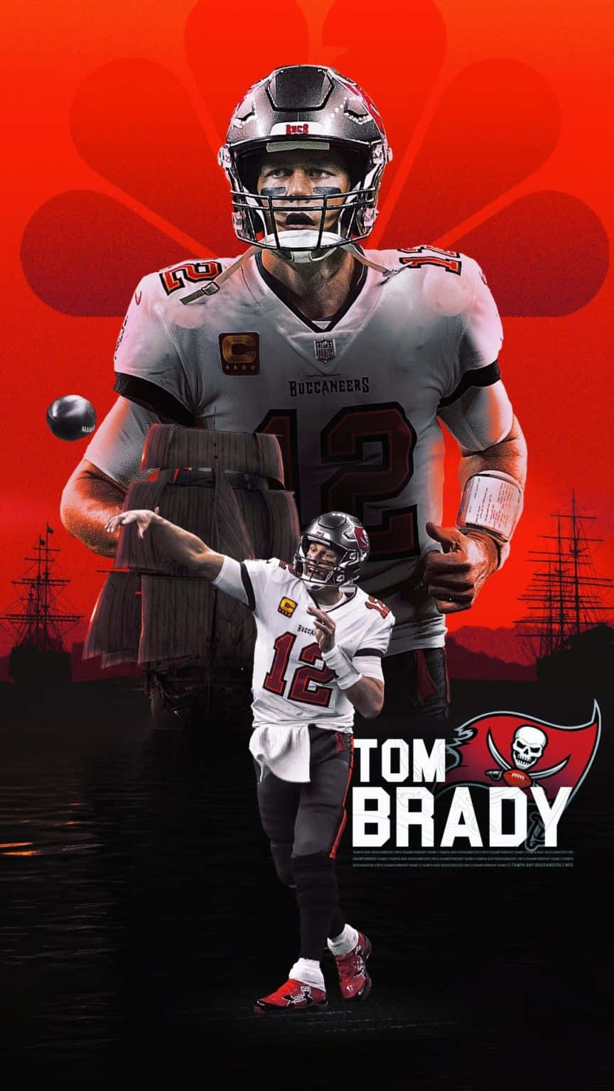 桌布 壁紙 — Tom Brady 身穿坦帕灣海盜隊裝備，在火紅背景前屹立，並有一個較小的自己在投擲橄欖球。