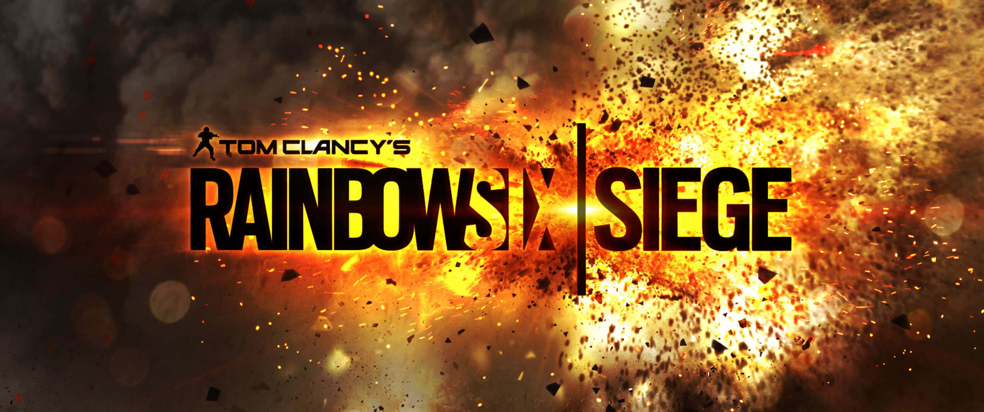 3440x1440p Rainbow Six Siege 桌布 壁紙 — Tom Clancy's Rainbow Six Siege 標誌在煙霧背景下爆發出熾熱的爆炸和飛揚的碎片。