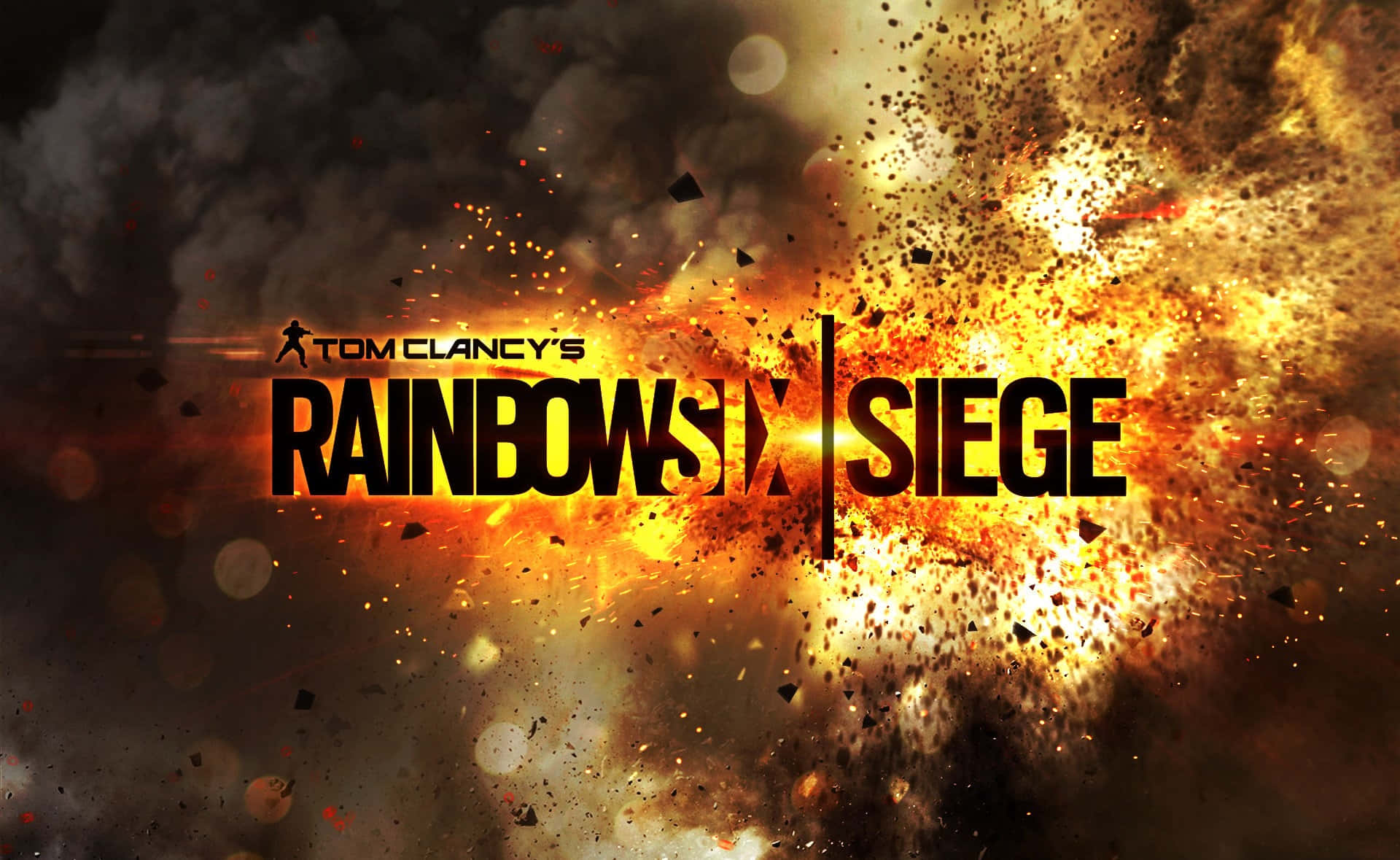 Overlay 桌布 壁紙 — Tom Clancy's Rainbow Six Siege 標誌在煙霧瀰漫的黑暗背景中爆發出熾熱的爆炸和碎片。