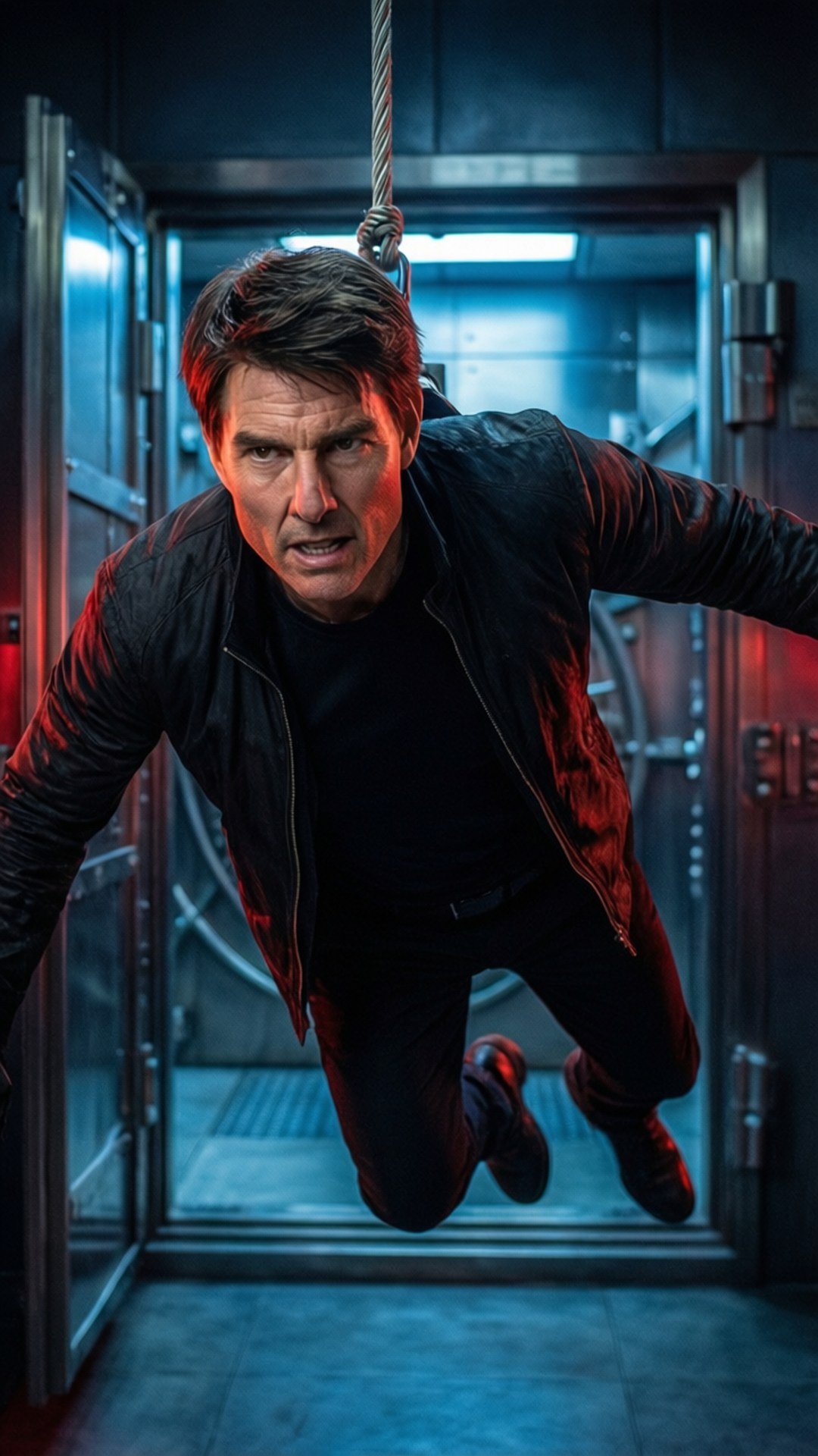 Impossible Heist 壁紙 — 湯姆克魯斯用繩索懸掛在昏暗的工業走廊中，帶有紅色和藍色燈光。