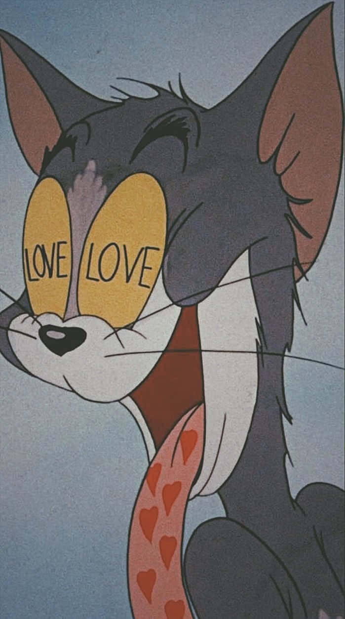  壁紙 — 貓湯姆戴著心形圖案領帶，眼睛上寫有「LOVE」，以經典卡通風格呈現。