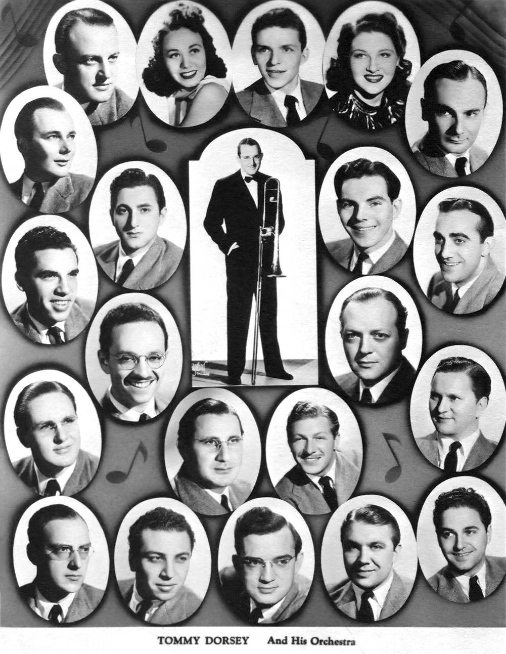 band 桌布 壁紙 — Tommy Dorsey 及其樂團成員穿著正式西裝、周圍漂浮著音符的復古黑白拼貼畫。