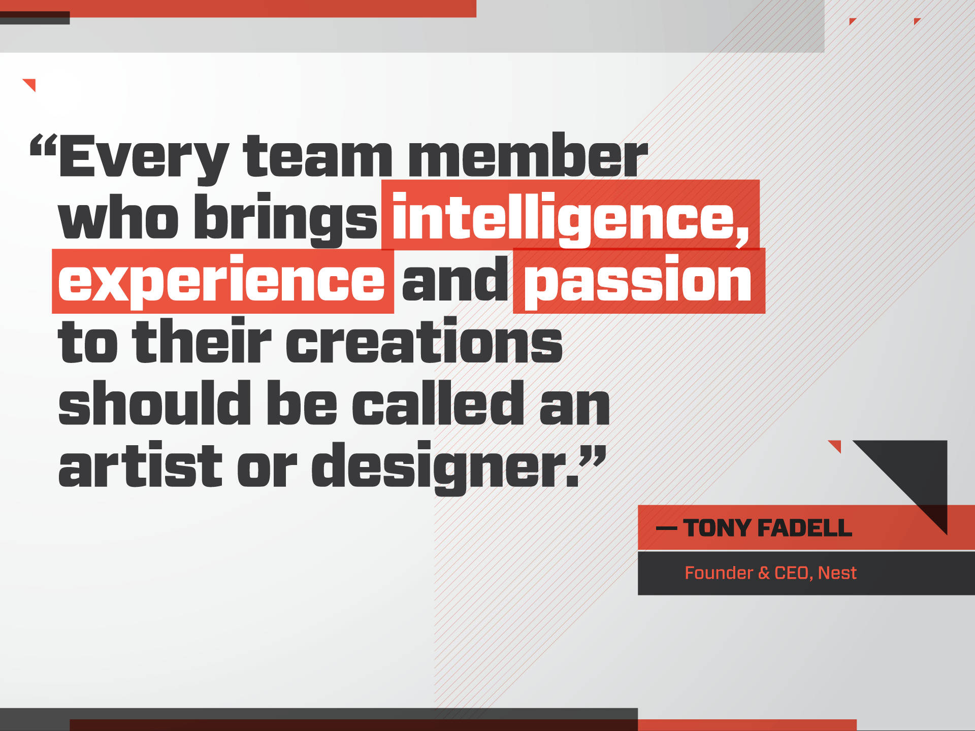 Teamwork 桌布 壁紙 — Tony Fadell 的現代平面設計名言，在幾何灰色背景上使用粗體紅色和黑色文字。