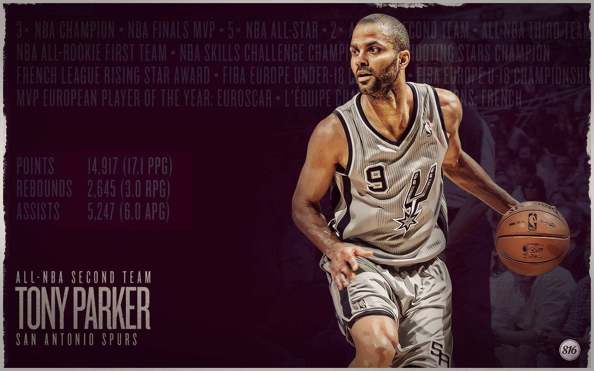 Tony Parker 桌布 壁紙 — Tony Parker 身穿馬刺球衣運球，背景為深色，並疊加統計數據和榮譽。