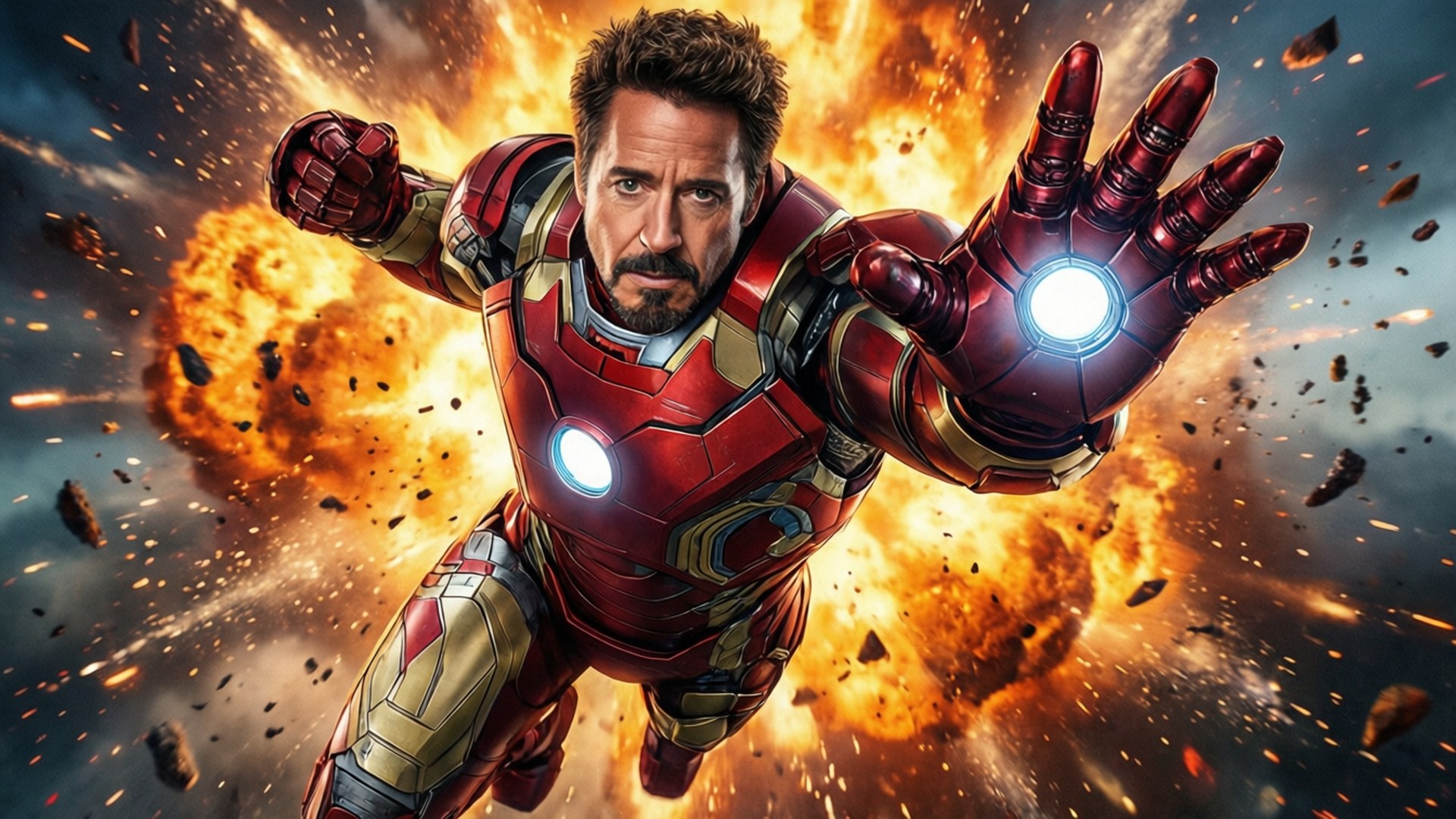 Iron Man Action Flight 壁紙 — 東尼·史塔克穿著紅金色鋼鐵人戰甲向前飛翔，雙手斥力炮在熾熱爆炸背景下發光。