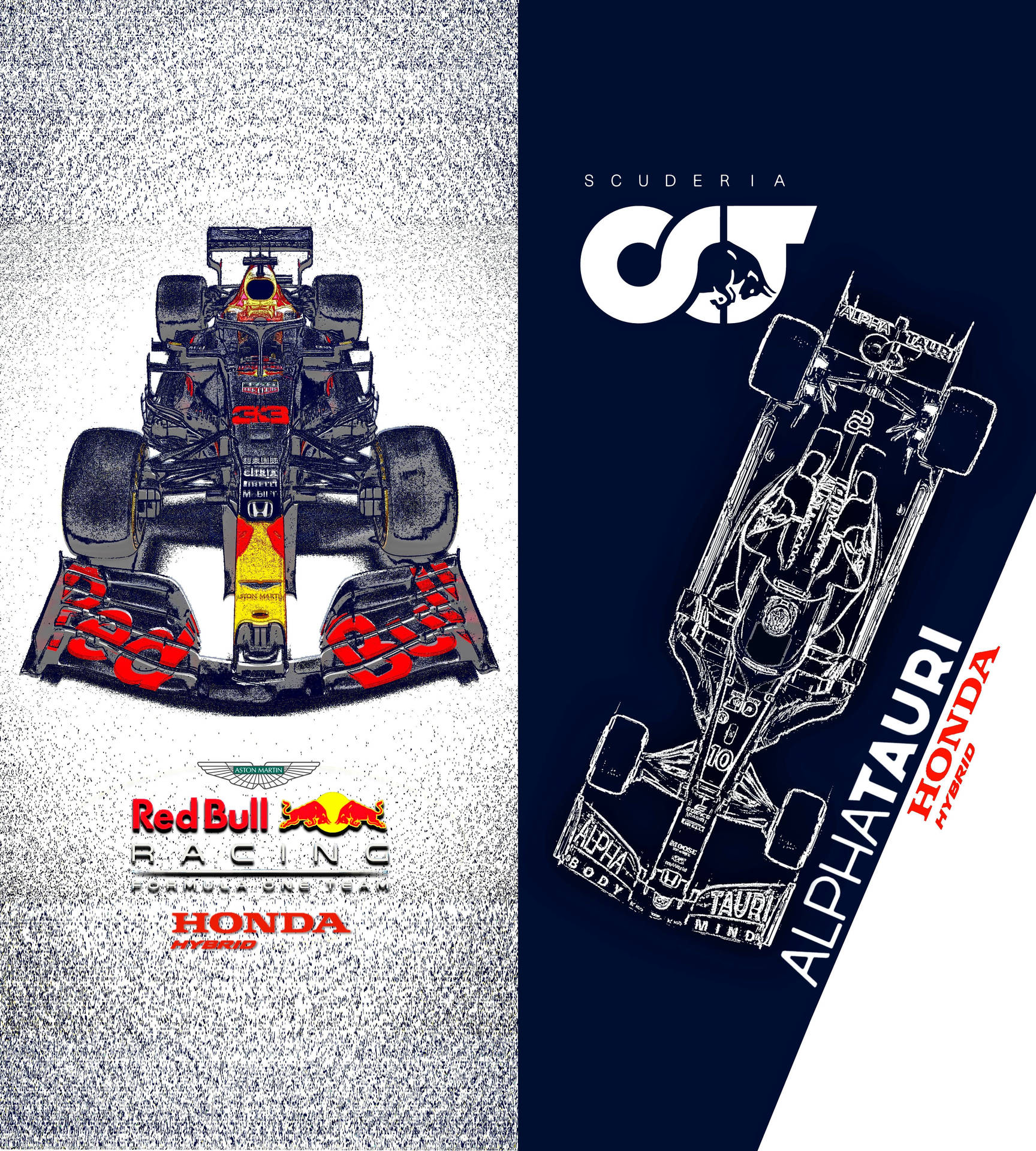 兩輛一級方程式賽車並排放置，帶有車隊標誌和技術細節。 — F1 壁紙