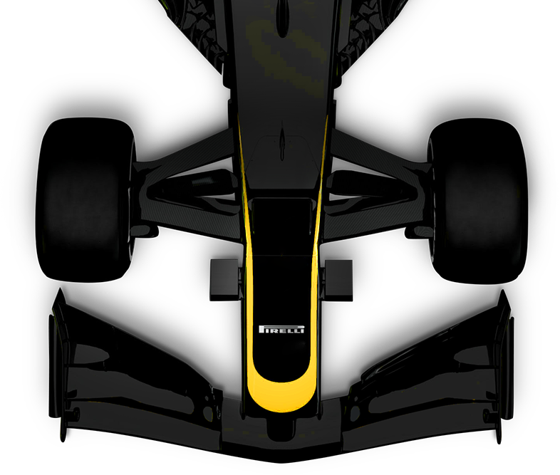 在黑暗中從上方看到的黑色一級方程式賽車，帶有黃色點綴。 — F1 壁紙