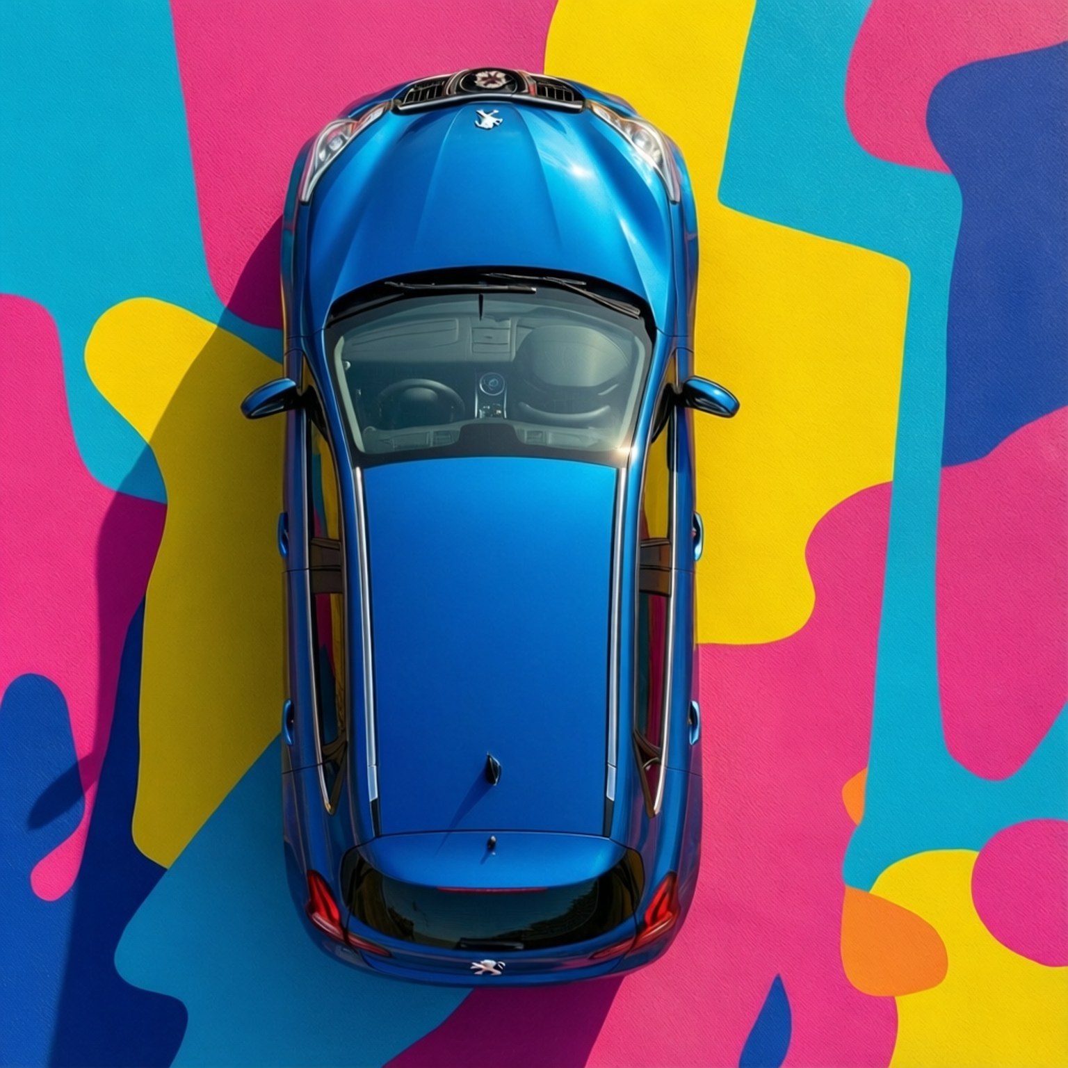 Blue 208 Minimal 壁紙 — 從上方俯瞰一輛閃亮的藍色Peugeot汽車，位於粉紅、黃色和青色的鮮豔抽象背景中央。