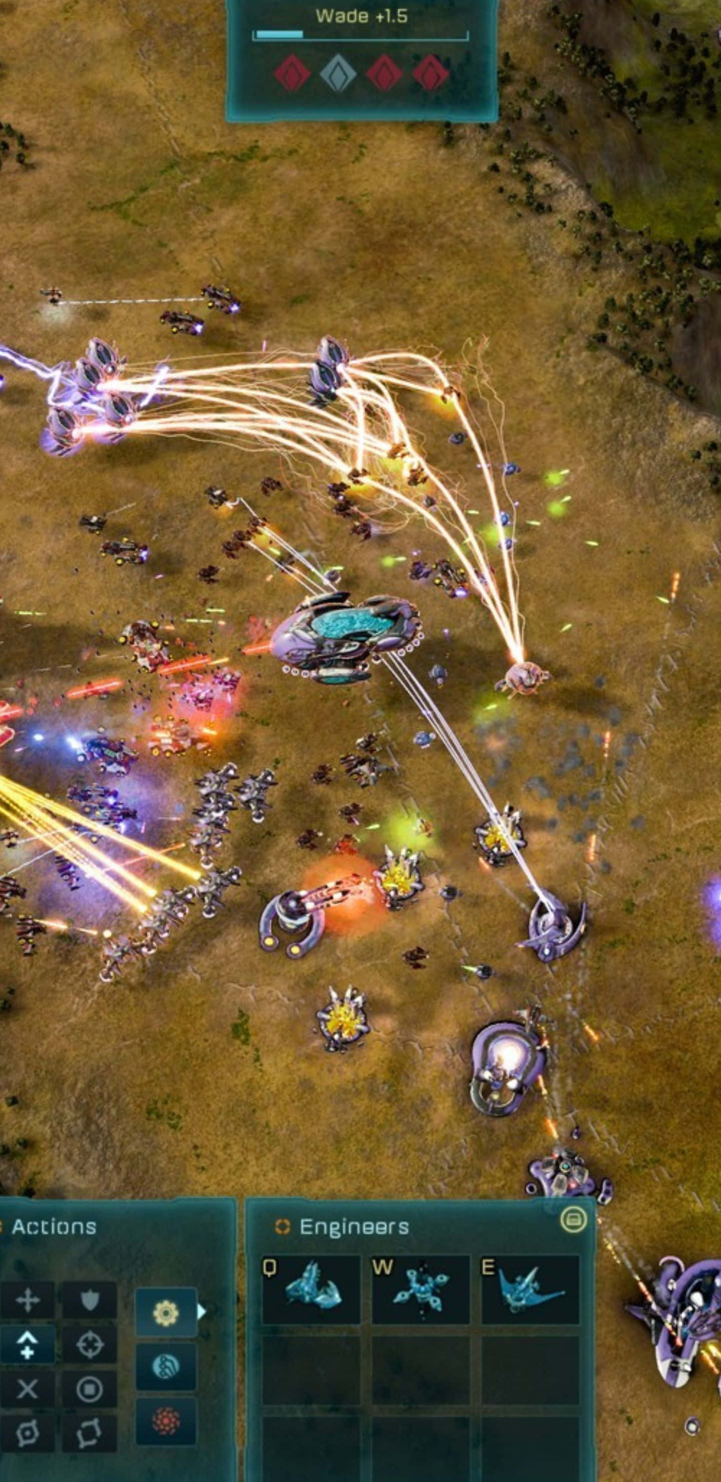 Pixel 3xl Ashes Of The Singularity Escalation 桌布 壁紙 — Top-down view of a sci-fi strategy battle with glowing energy beams and futuristic units firing across a barren battlefield.