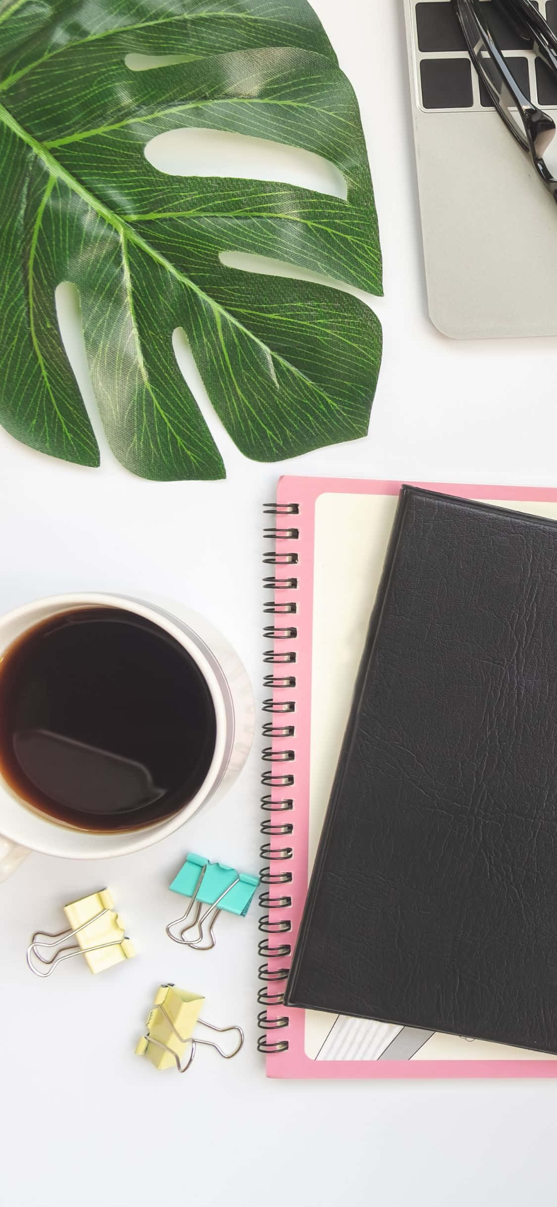 背景 桌布 壁紙 — Top-down view of a white desk with a large green monstera leaf coffee cup notebooks and laptop.