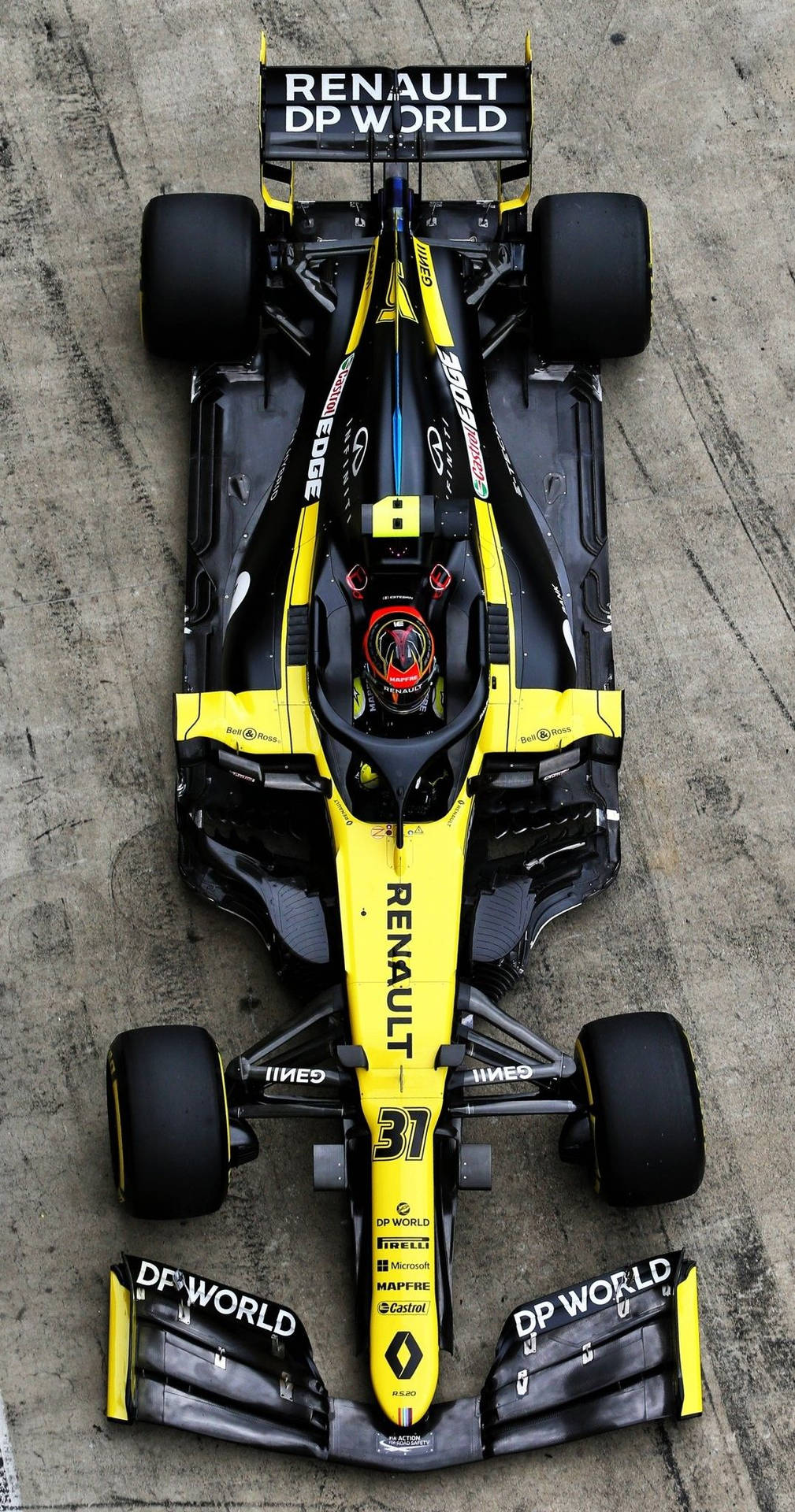 從上方俯瞰一輛編號31的雷諾一級方程式賽車在混凝土賽道上。 — F1手機壁紙 壁紙