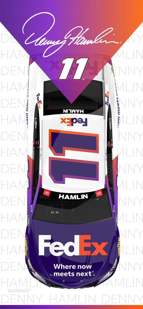 Denny Hamlin 桌布 壁紙 — Top-down view of Denny Hamlin's FedEx-sponsored NASCAR race car with bold purple orange and white livery.