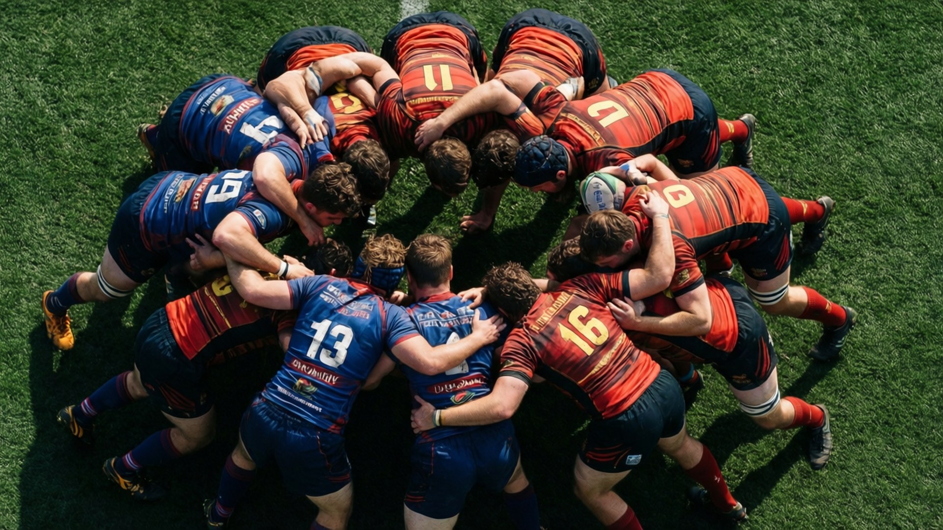 Scrum Battle 壁紙 — 從上方俯瞰，身穿藍色和紅色球衣的橄欖球球員在充滿活力的綠色草地上進行爭球。