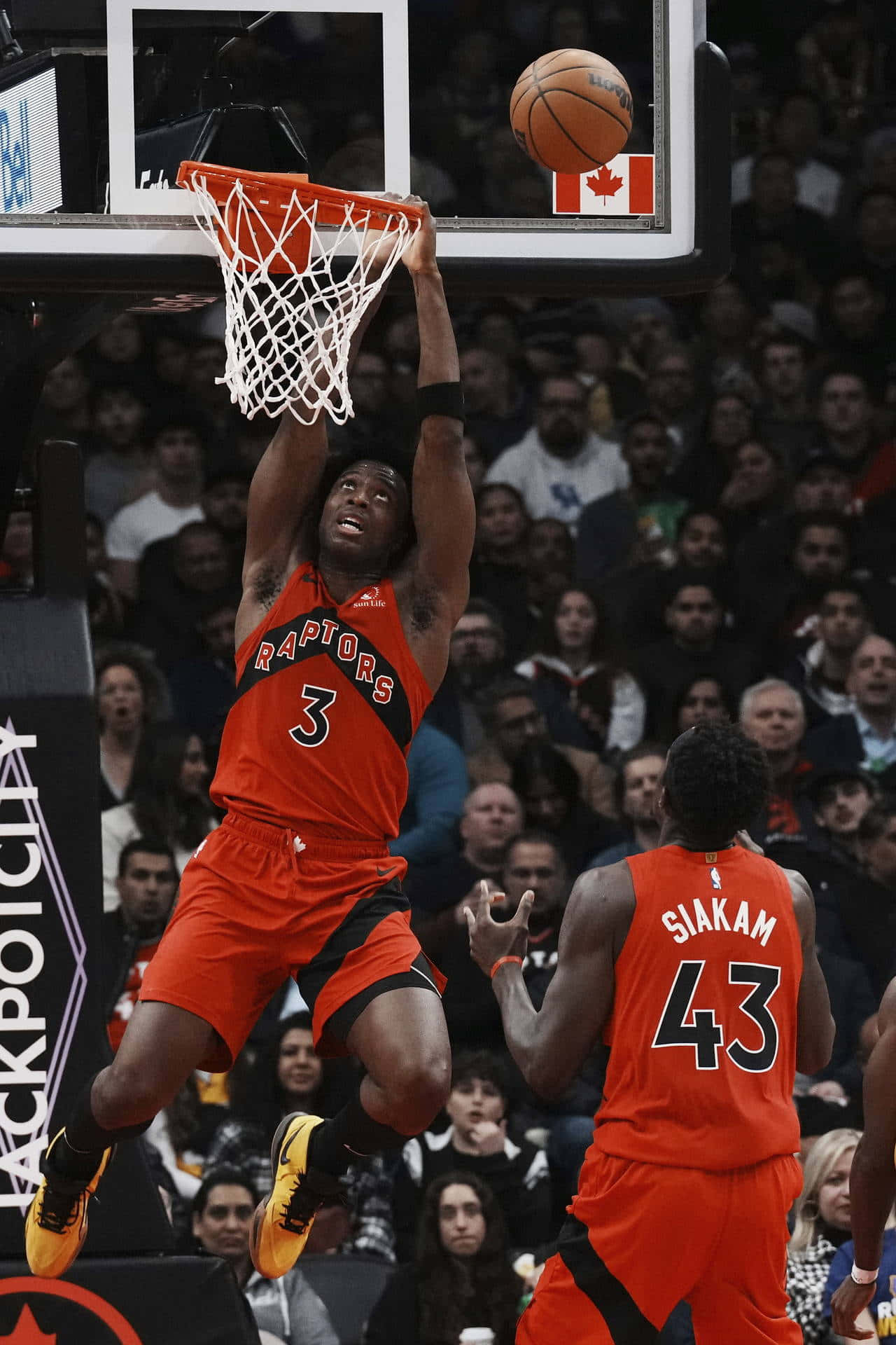 多倫多暴龍球員在比賽中灌籃，背景有觀眾。 — NBA 壁紙