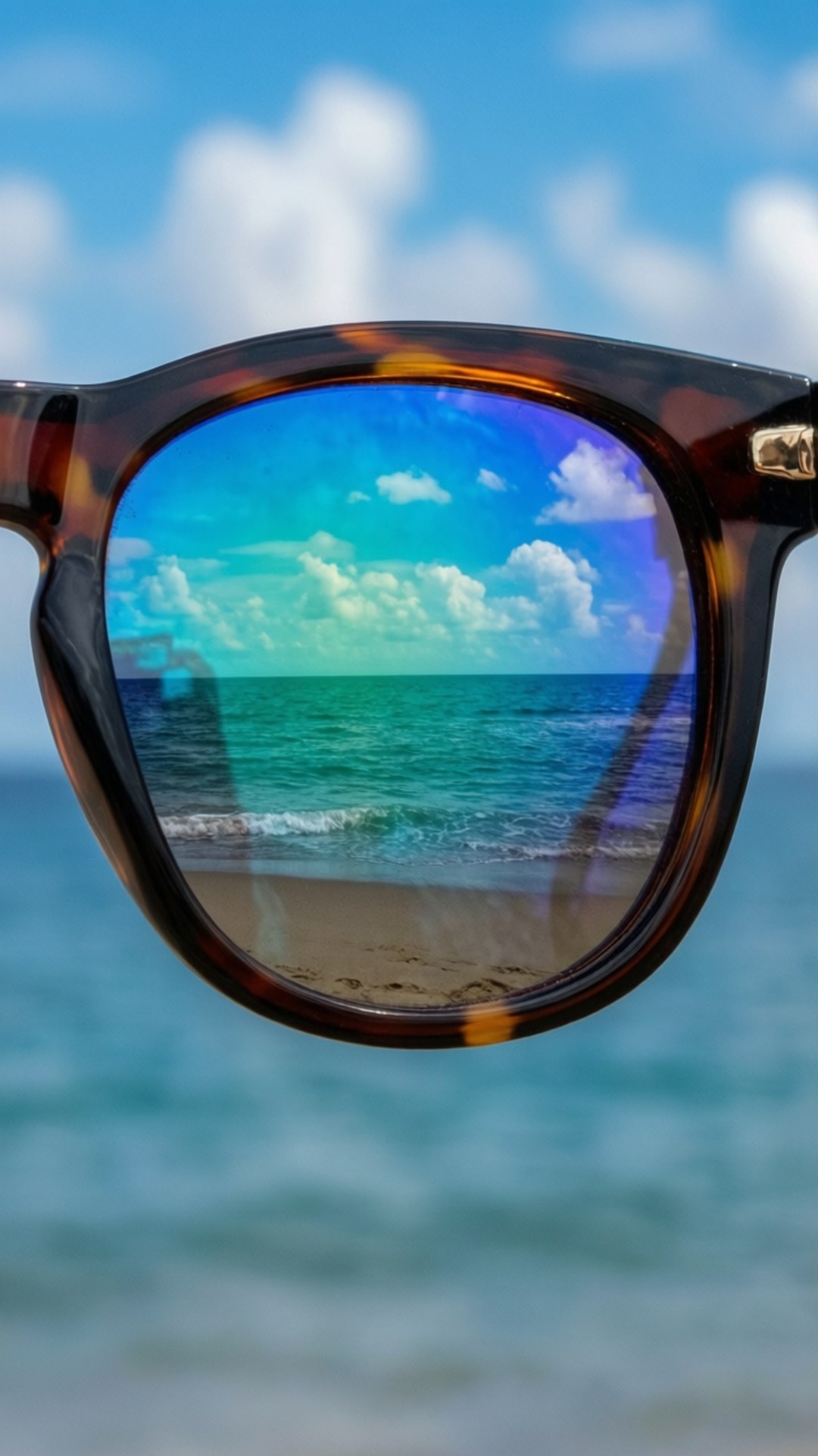 Sunglass Reflections 壁紙 — 玳瑁太陽眼鏡反射出充滿活力的藍綠色海洋和蓬鬆的白雲，映襯著明亮的藍天。