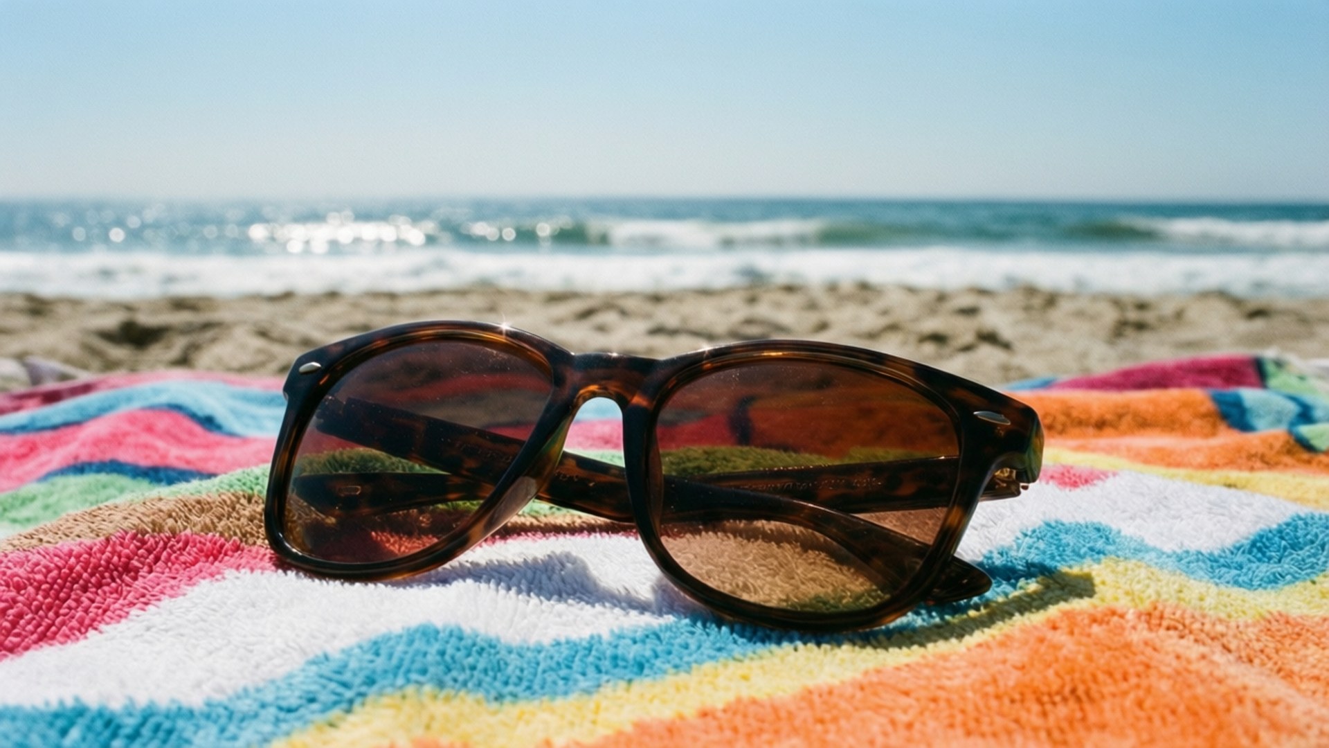Sunglasses on the Sand 壁紙 — 玳瑁色太陽眼鏡放在色彩繽紛的條紋毛巾上，旁邊是海洋，在明亮的陽光下。