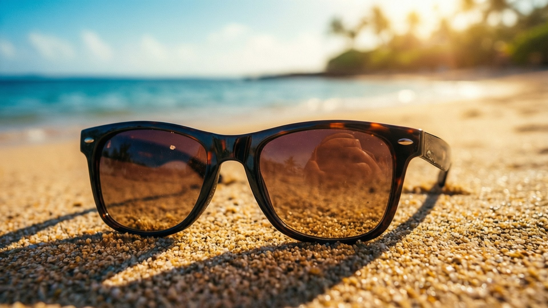 Sunglasses on Sand 壁紙 — 玳瑁色太陽眼鏡放在金色沙灘上，海浪和棕櫚樹在溫暖的日落光芒中閃耀。
