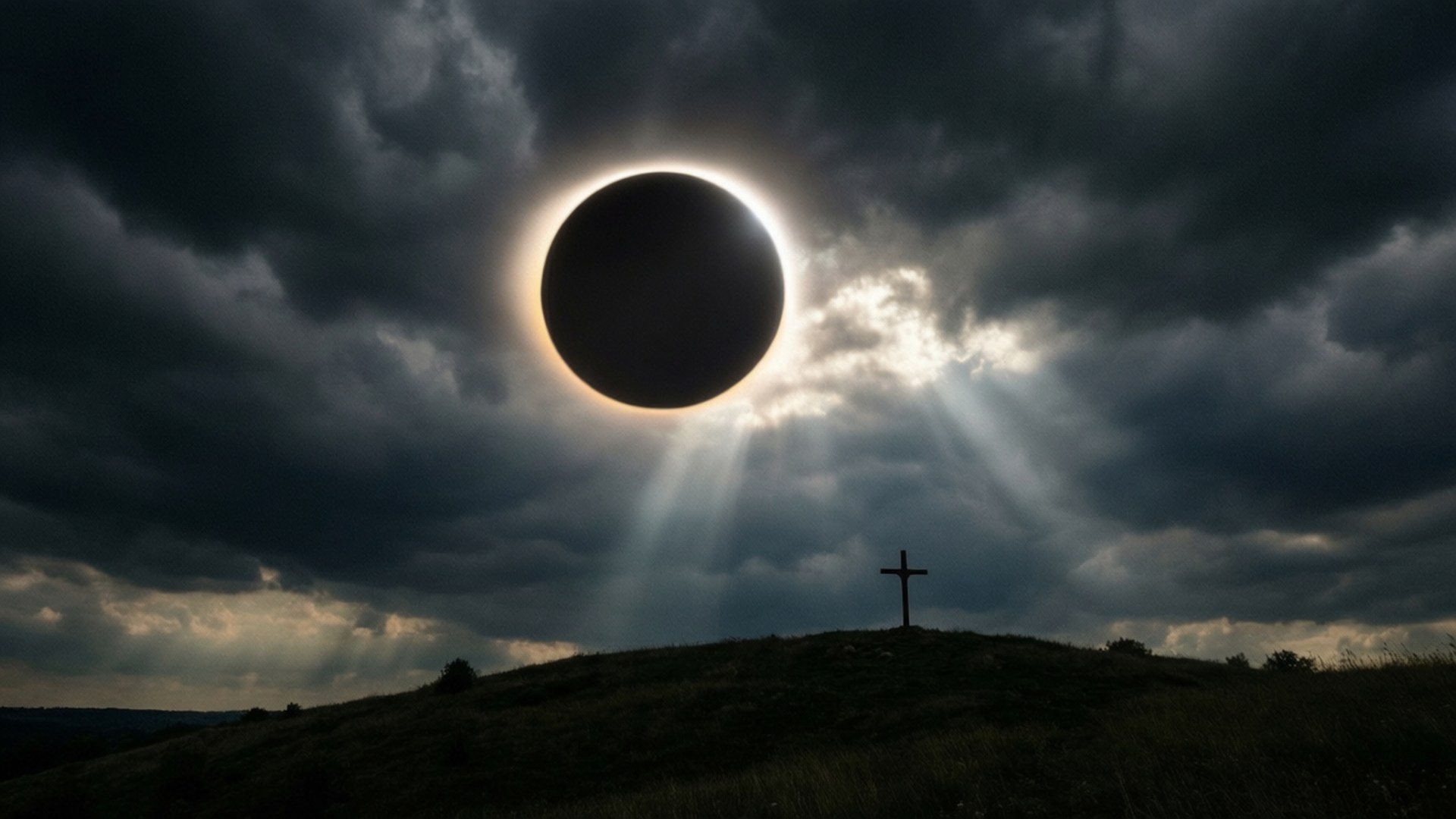 Darkness at Noon 壁紙 — 日全食在山上十字架上投下黑暗陰影，戲劇性的光線穿過暴風雲。