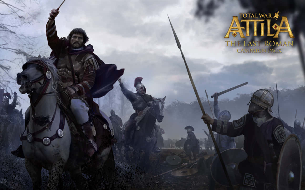 Best Total War Attila 桌布 壁紙 — 《Total War Attila》中一個戲劇性的戰鬥場景，展示了身穿盔甲的騎兵和步兵在陰天籠罩下，衝過迷霧瀰漫的戰場。