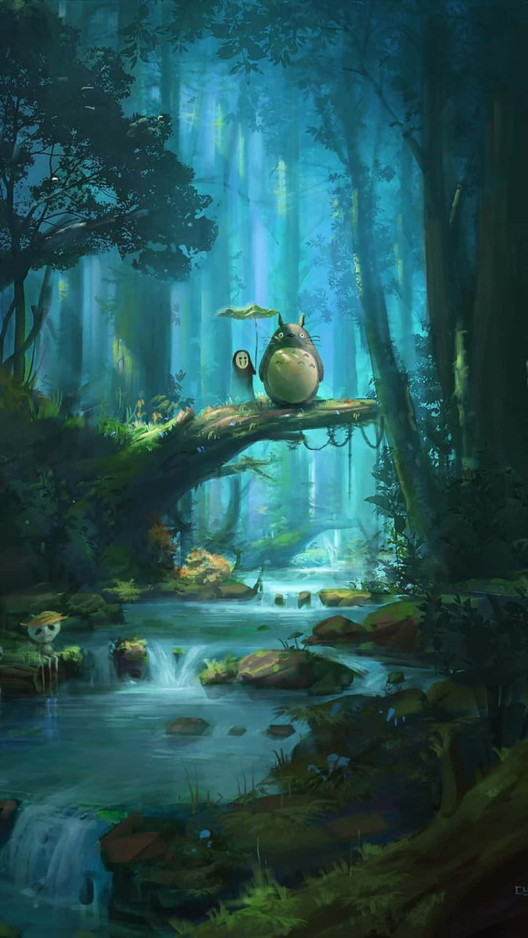 Totoro 和一個孩子坐在發光森林溪流上方的樹枝上。 — 森林 壁紙