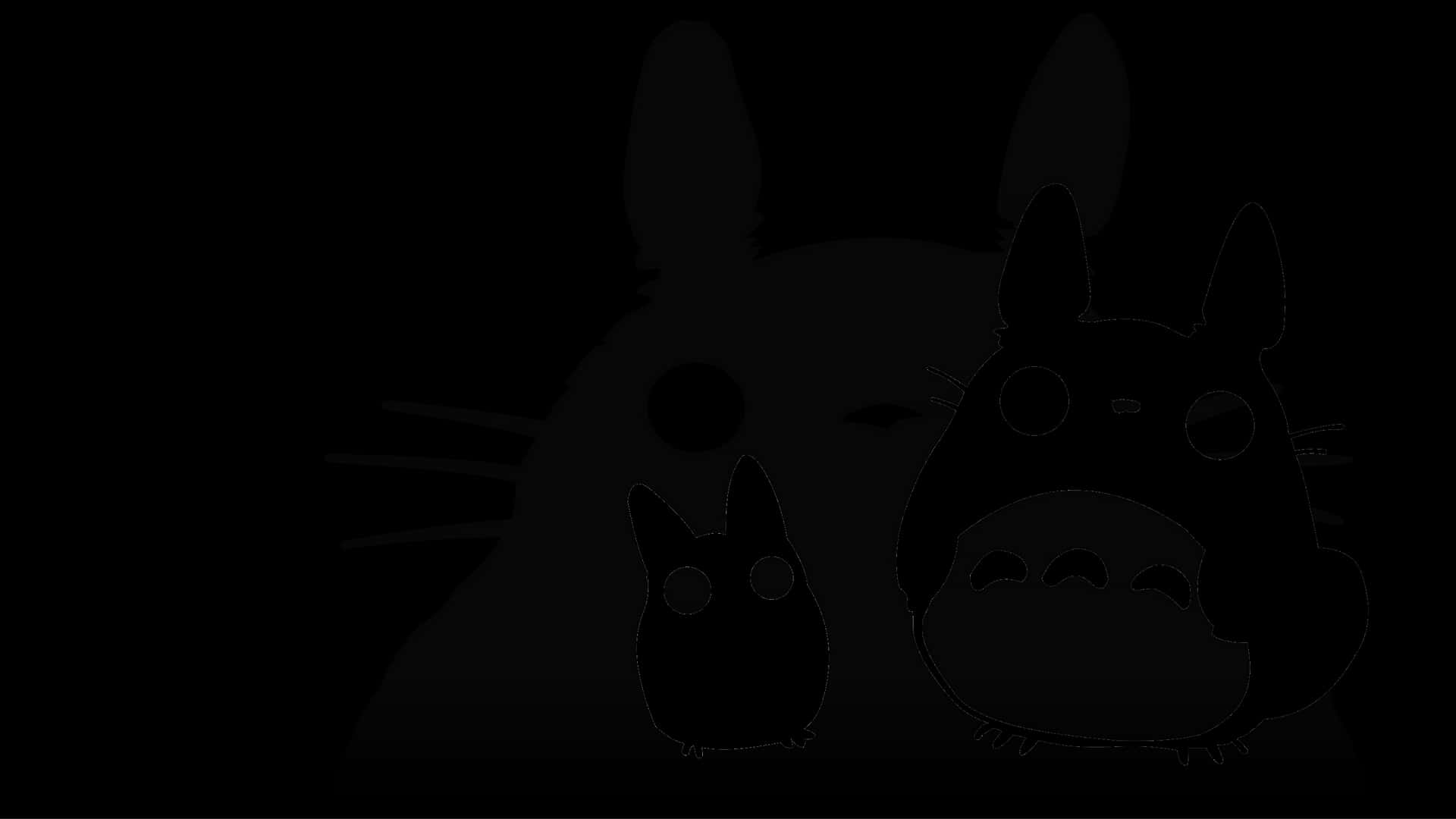 Totoro 和一個小生物的剪影，以白色勾勒在黑色背景上。 — 龍貓 GIF 壁紙