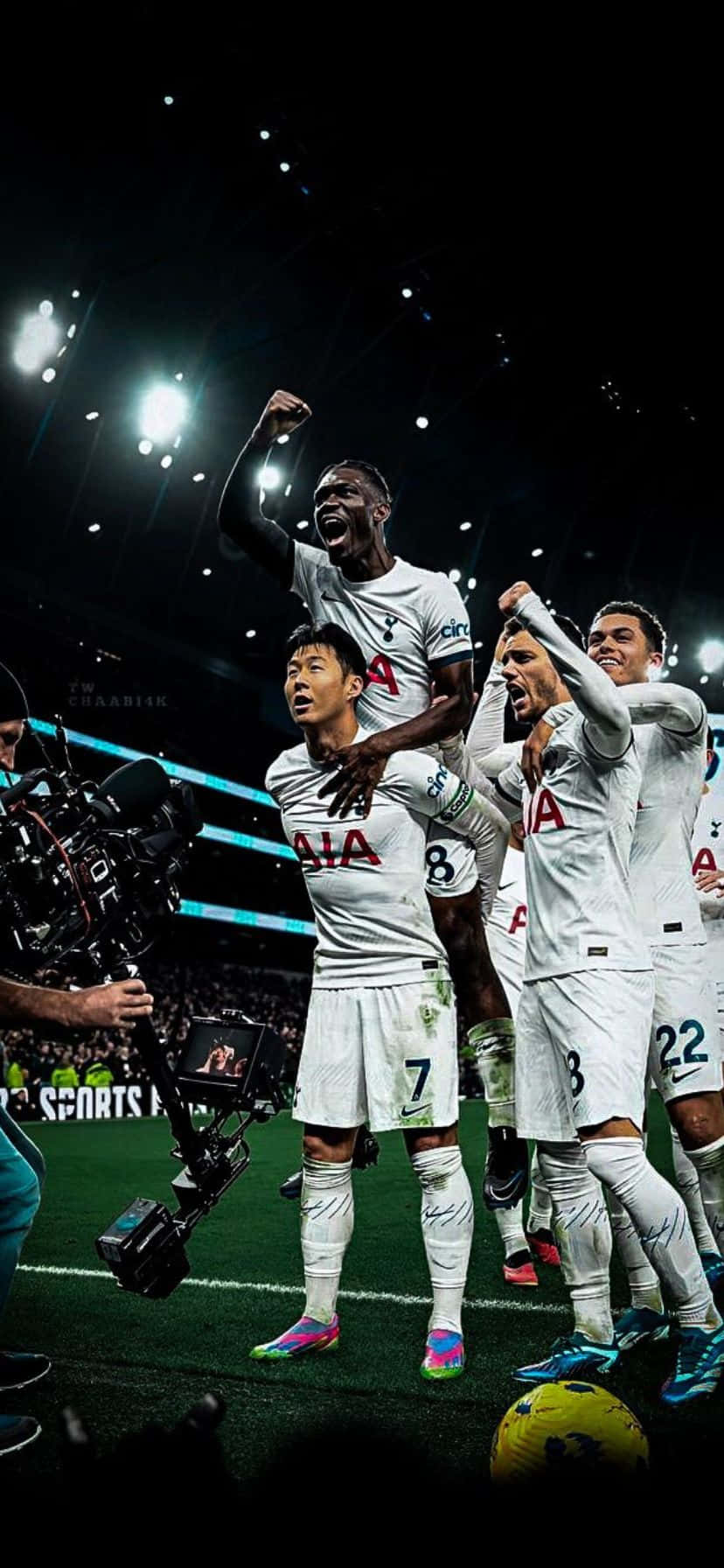  壁紙 — 熱刺球員在泛光燈下明亮的球場上勝利慶祝。