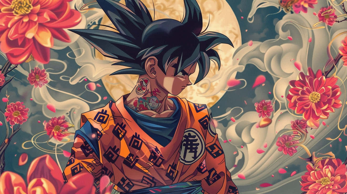  壁紙 — 一位頭髮尖刺的動漫戰士穿著橙色道服，站在滿月下旋轉的雲霧和飄落的紅花之中。