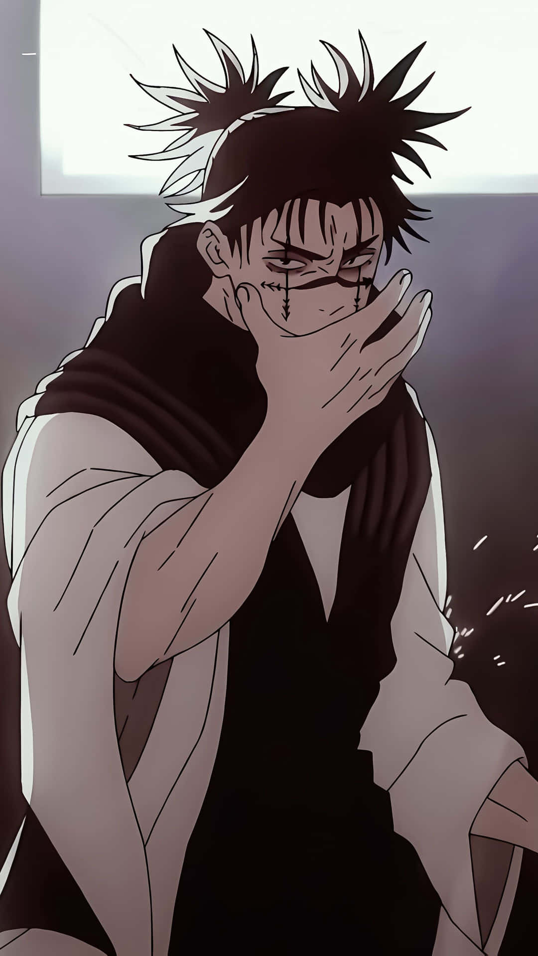  壁紙 — 一個頭髮豎起、帶有淚痕的動漫男孩在光線昏暗的房間裡，身後有一扇窗戶，他用手遮住了臉。