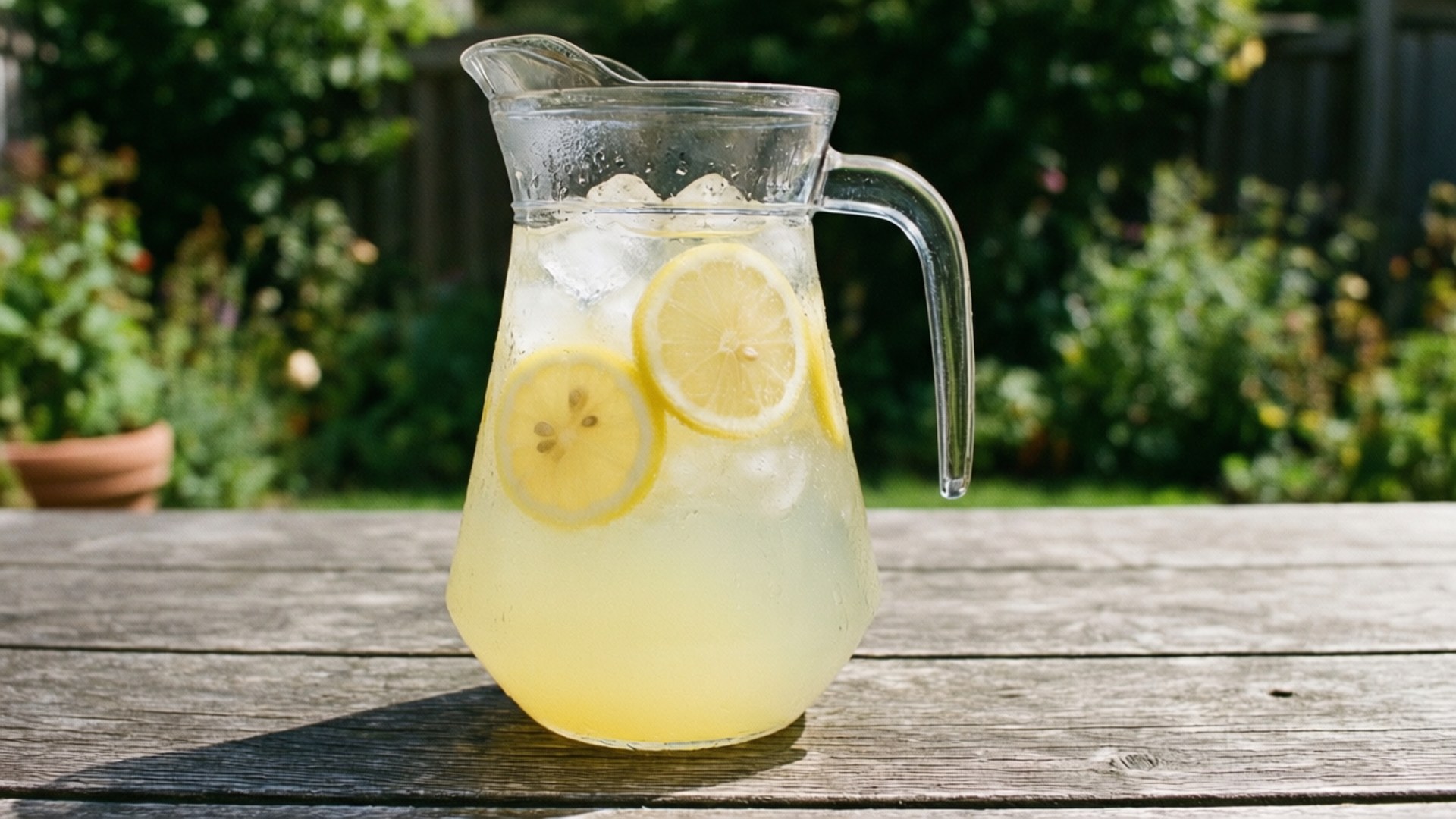 Fresh Lemonade Pitcher 壁紙 — 一個透明玻璃壺裝滿檸檬水冰塊和檸檬片，放在戶外風化的木桌上。