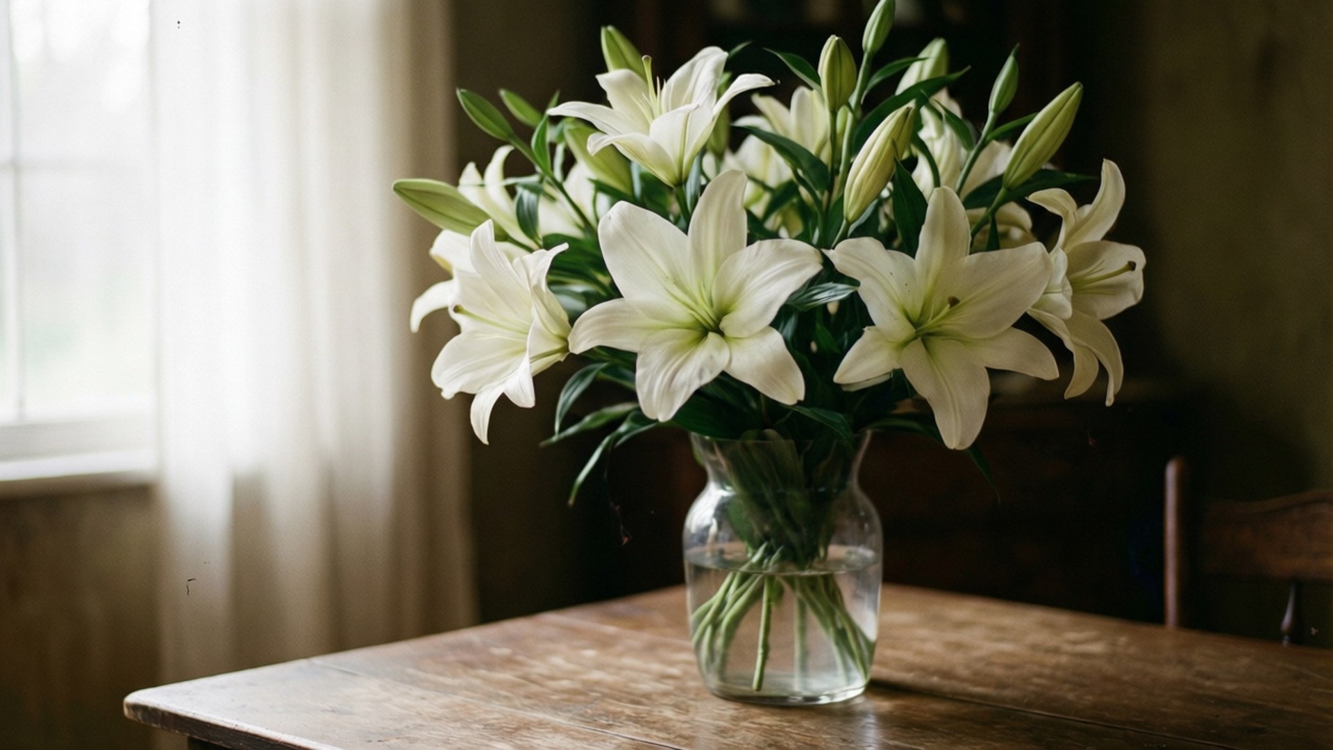 Vintage Lily Bouquet 壁紙 — 一個透明玻璃花瓶，裝滿白色百合和綠色莖，放在一張質樸的木桌上，靠近一扇柔和光線的窗戶。